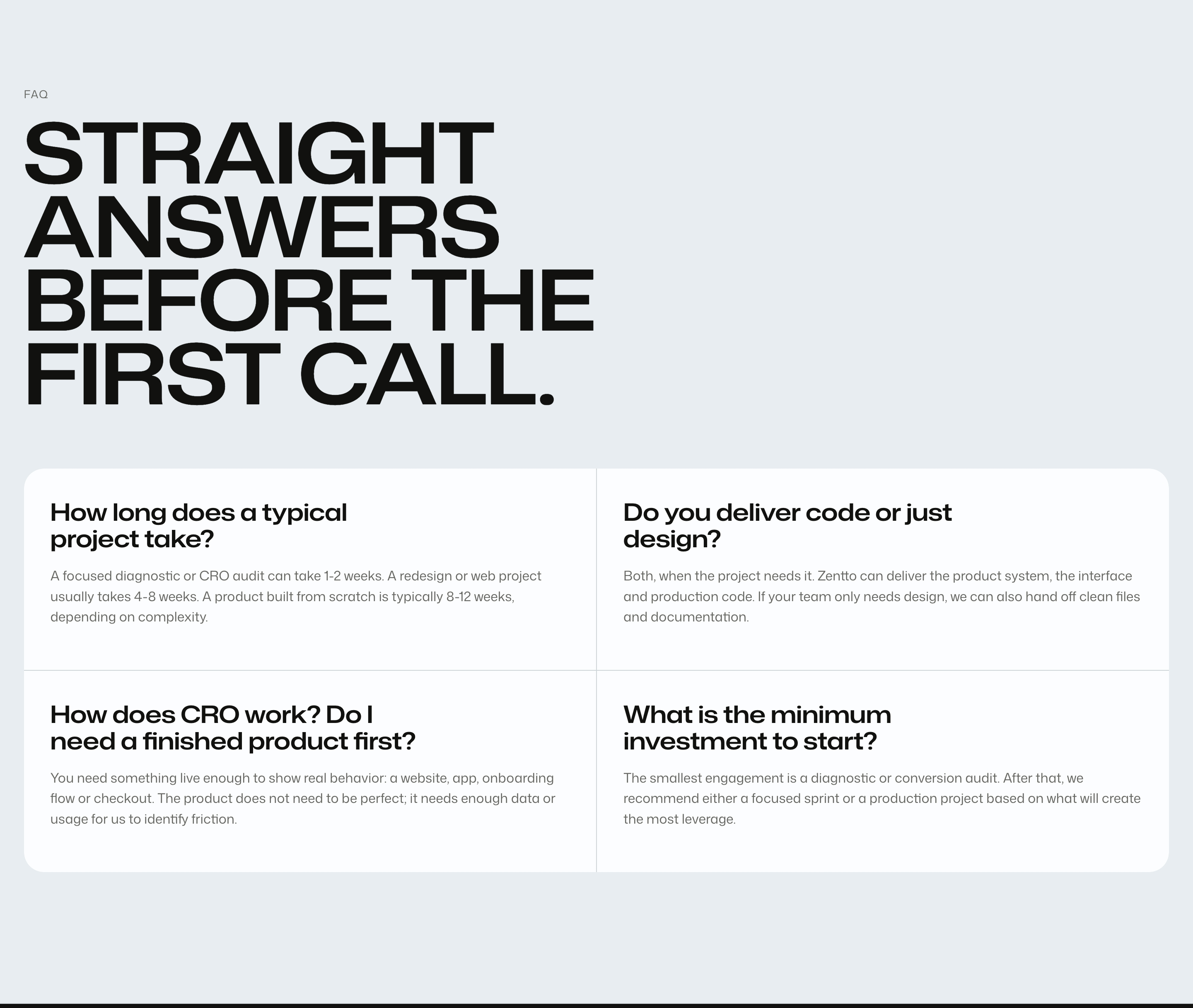 Zentto FAQ with oversized headline and four Q&A cards in a two-column grid