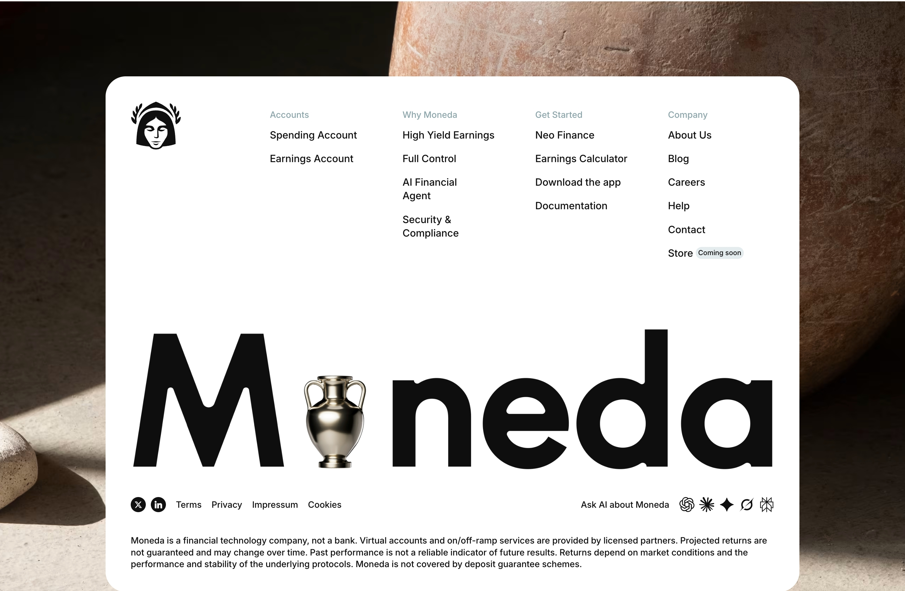 Moneda footer: white card over pottery photo with four-column nav, giant wordmark using a gold vase, and legal text