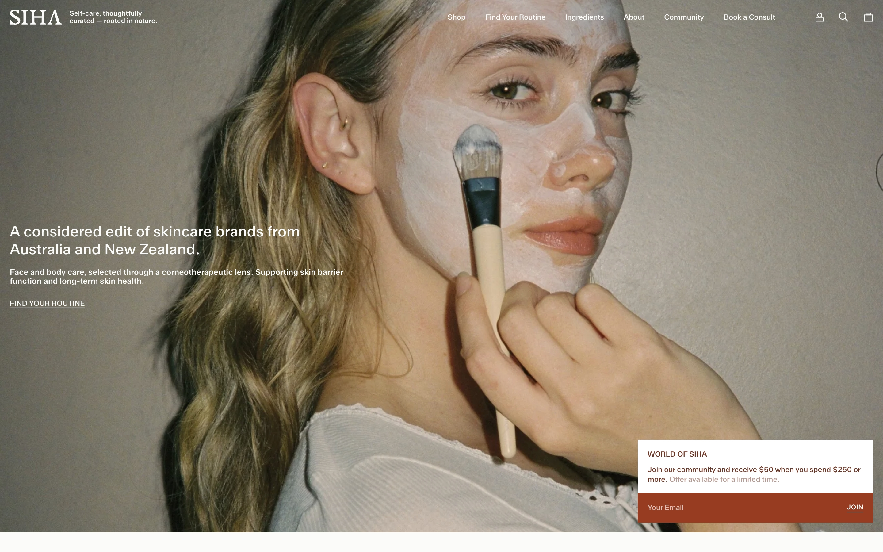 SIHA hero: full-bleed photo of a woman applying a mask, left headline, and signup card