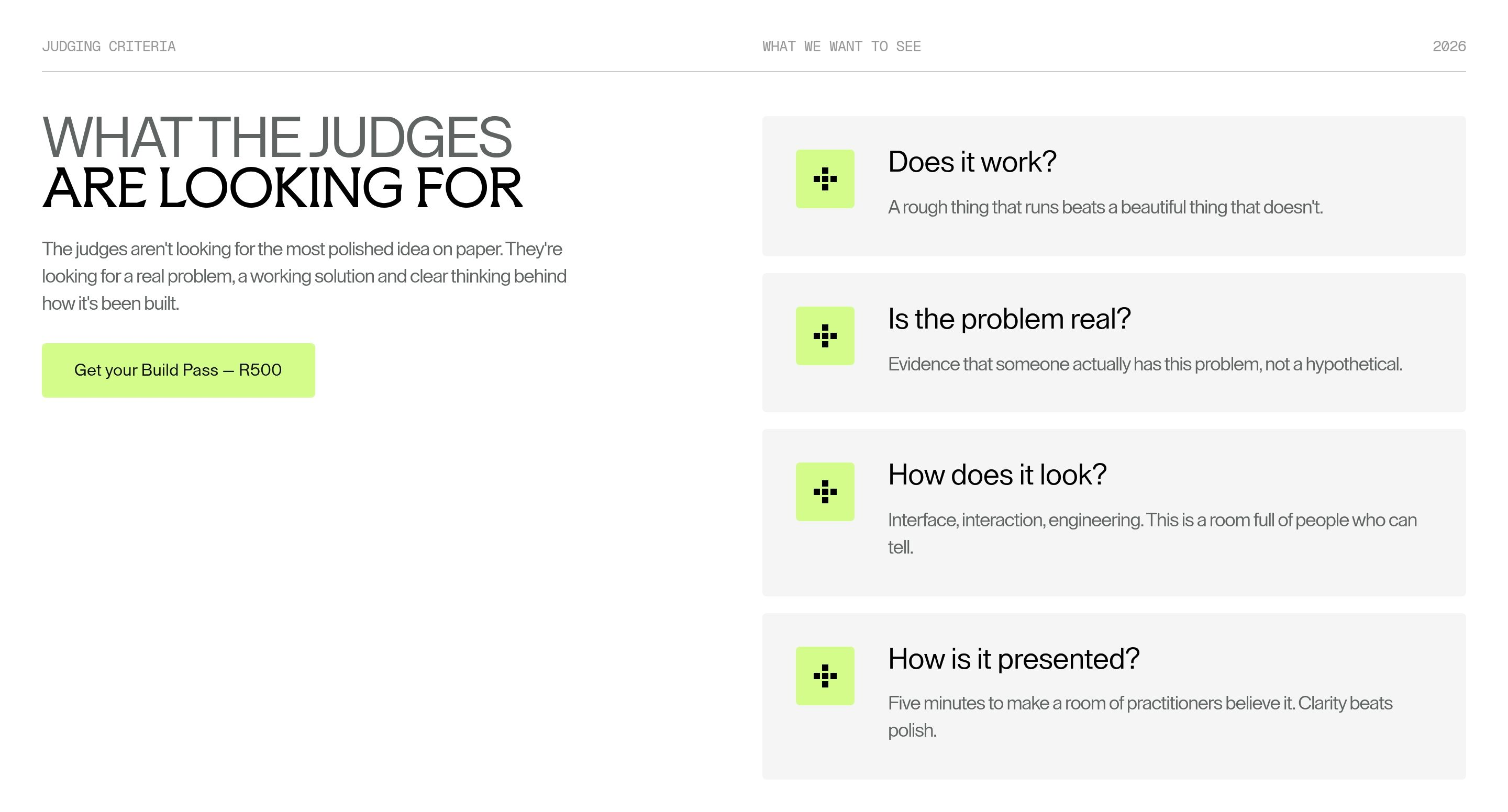 Builders Table judging criteria: two-column layout with headline, lime Build Pass button, and four stacked cards.