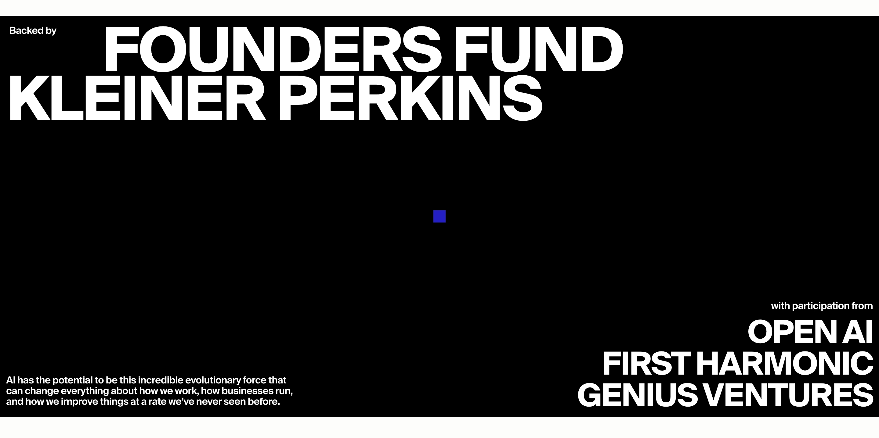 Poetic investor showcase: black panel with huge Founders Fund and Kleiner Perkins type plus other backers.