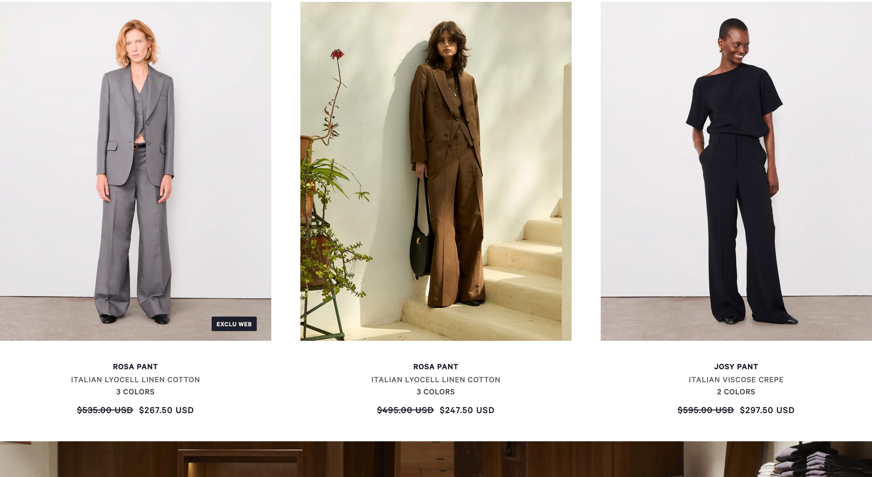 Officine Générale product grid with three tailored looks, names, fabrics, and sale prices