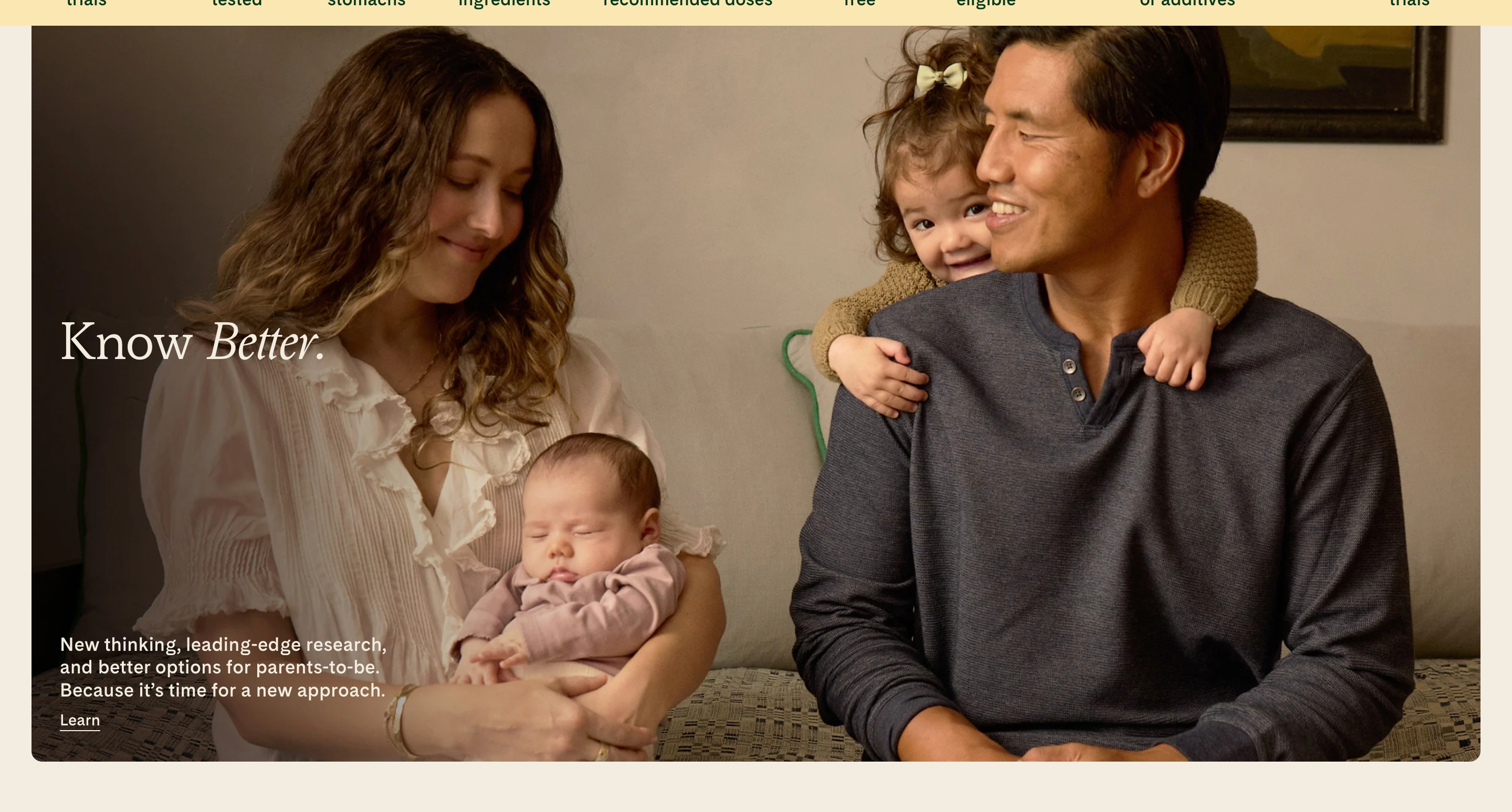 WeNatal brand hero: family on a sofa with Know Better headline, copy, and Learn link