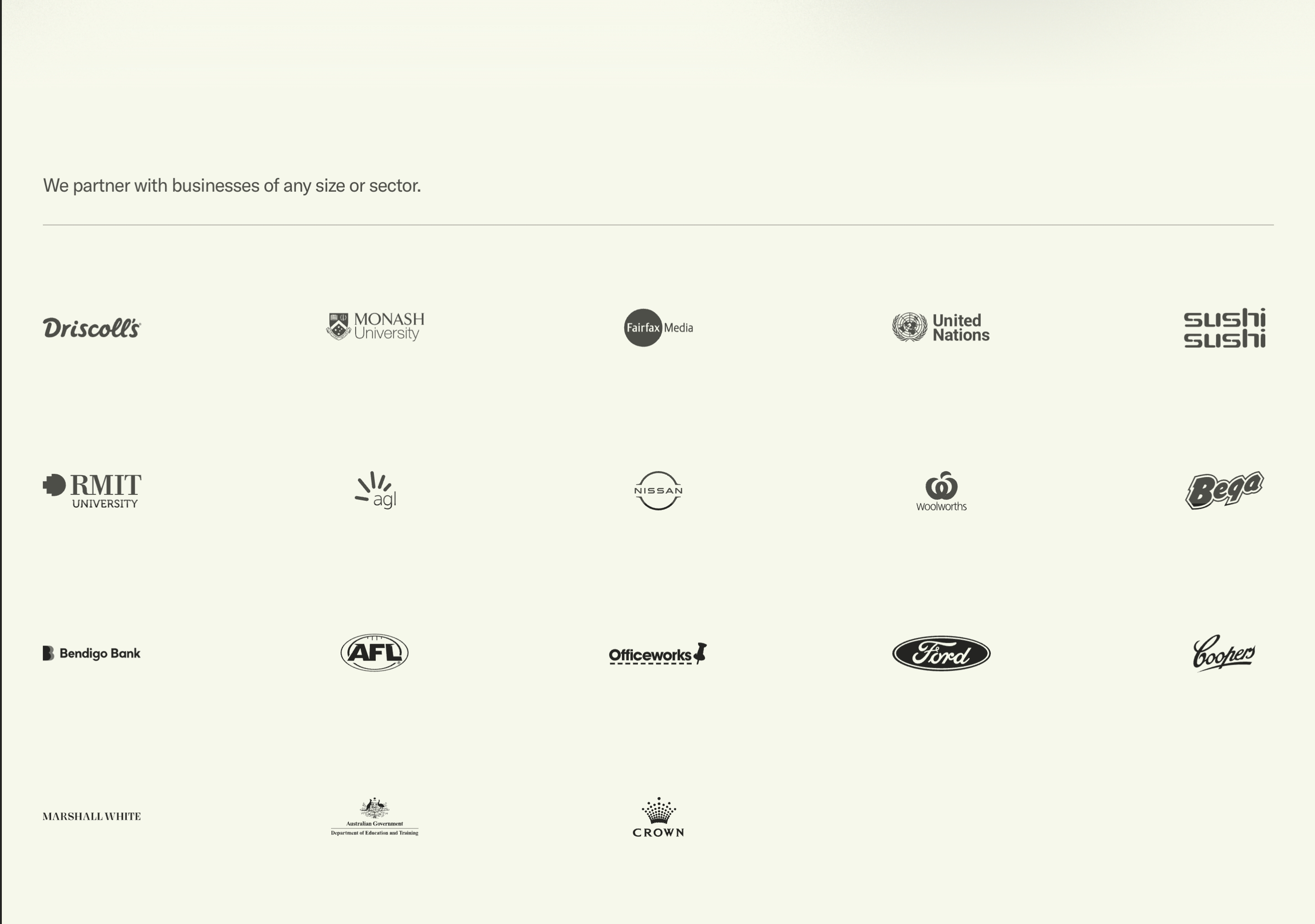 Dobre Agency client logos section with a partnership line and grayscale brand marks on cream.