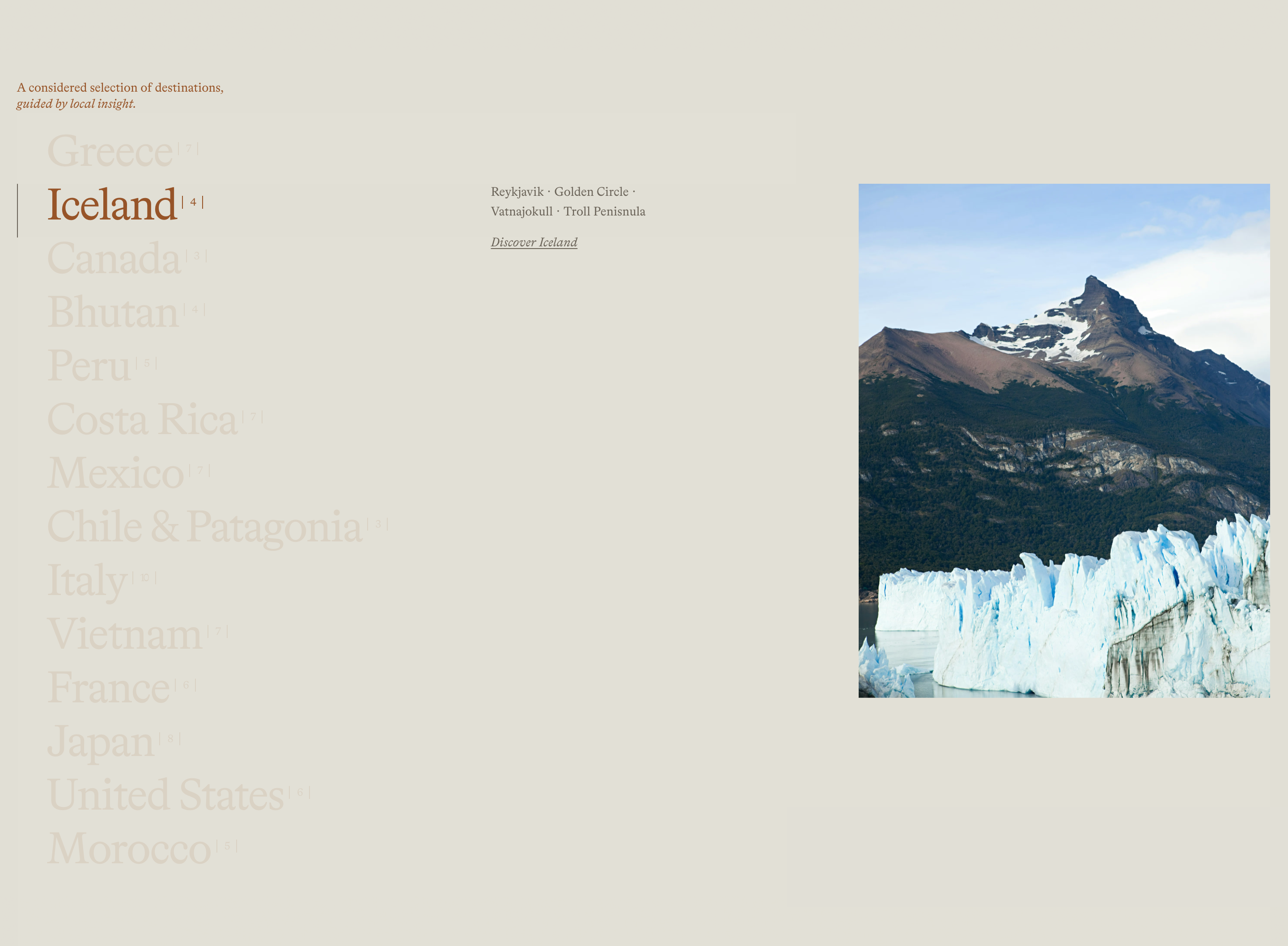 The Reach destination list with Iceland highlighted among stacked countries, place names, and a glacier mountain photo