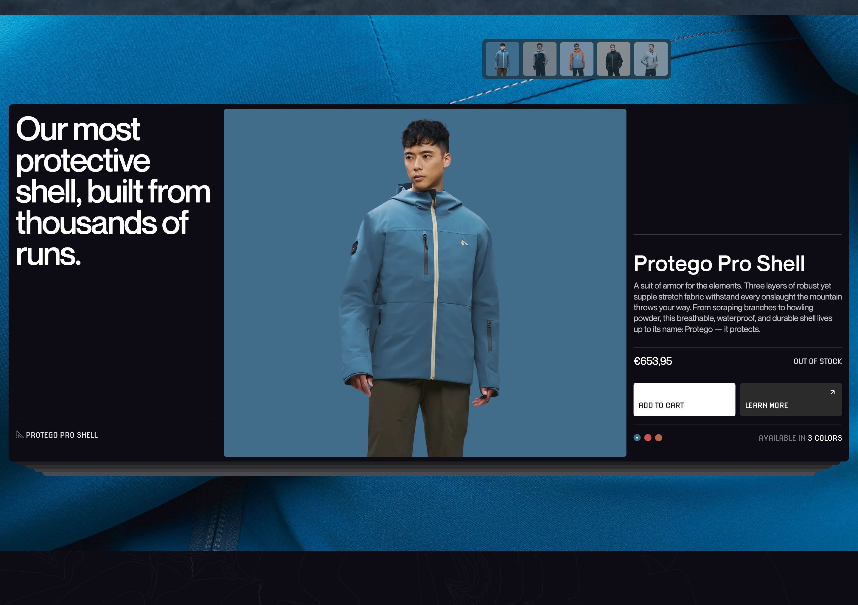 Nivis Gear product showcase: dark three-column Protego Pro Shell card over blue fabric with model photo and thumbnails