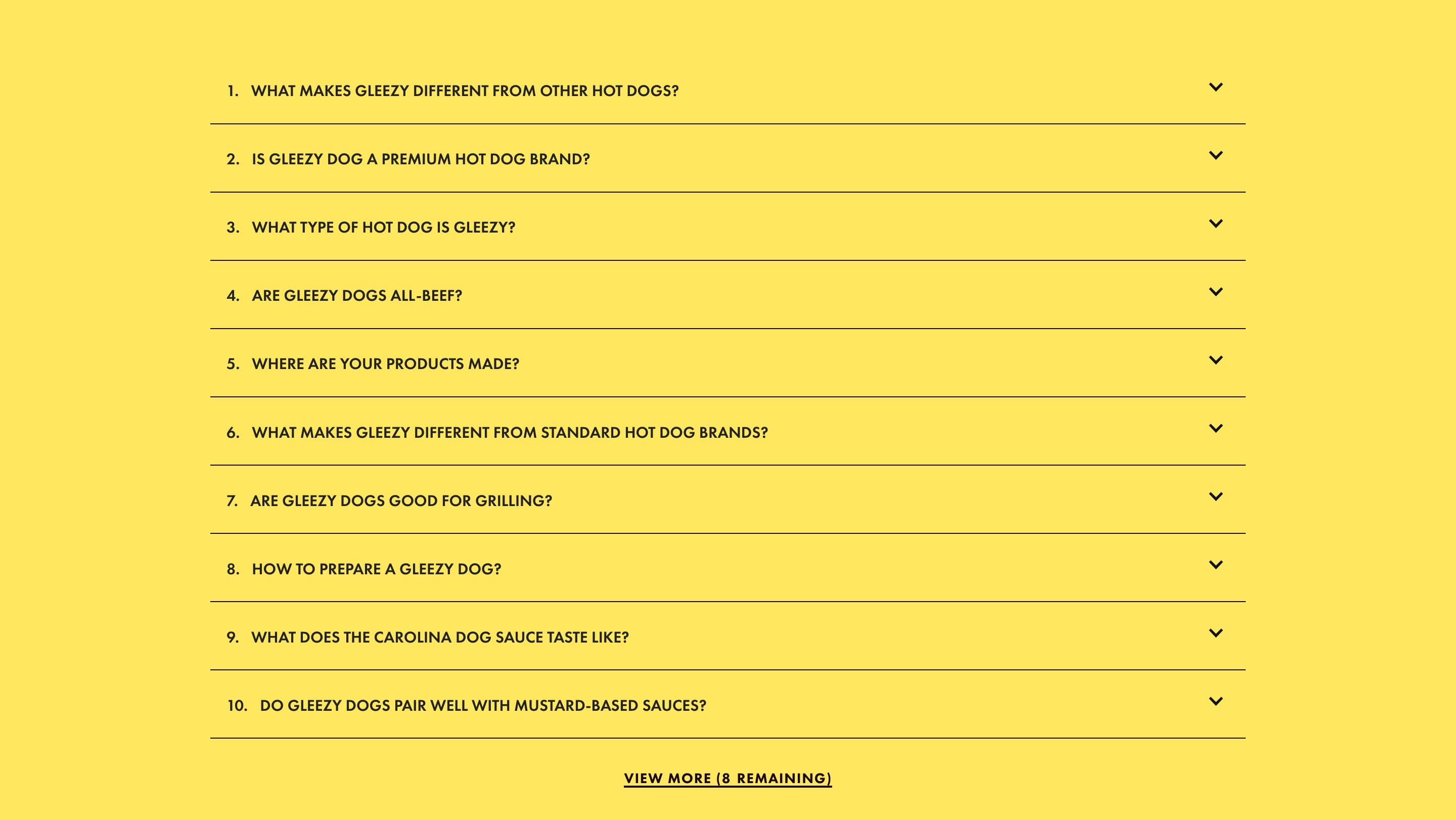 Gleezy FAQ: numbered all-caps questions on yellow, chevrons at right, View More link below.