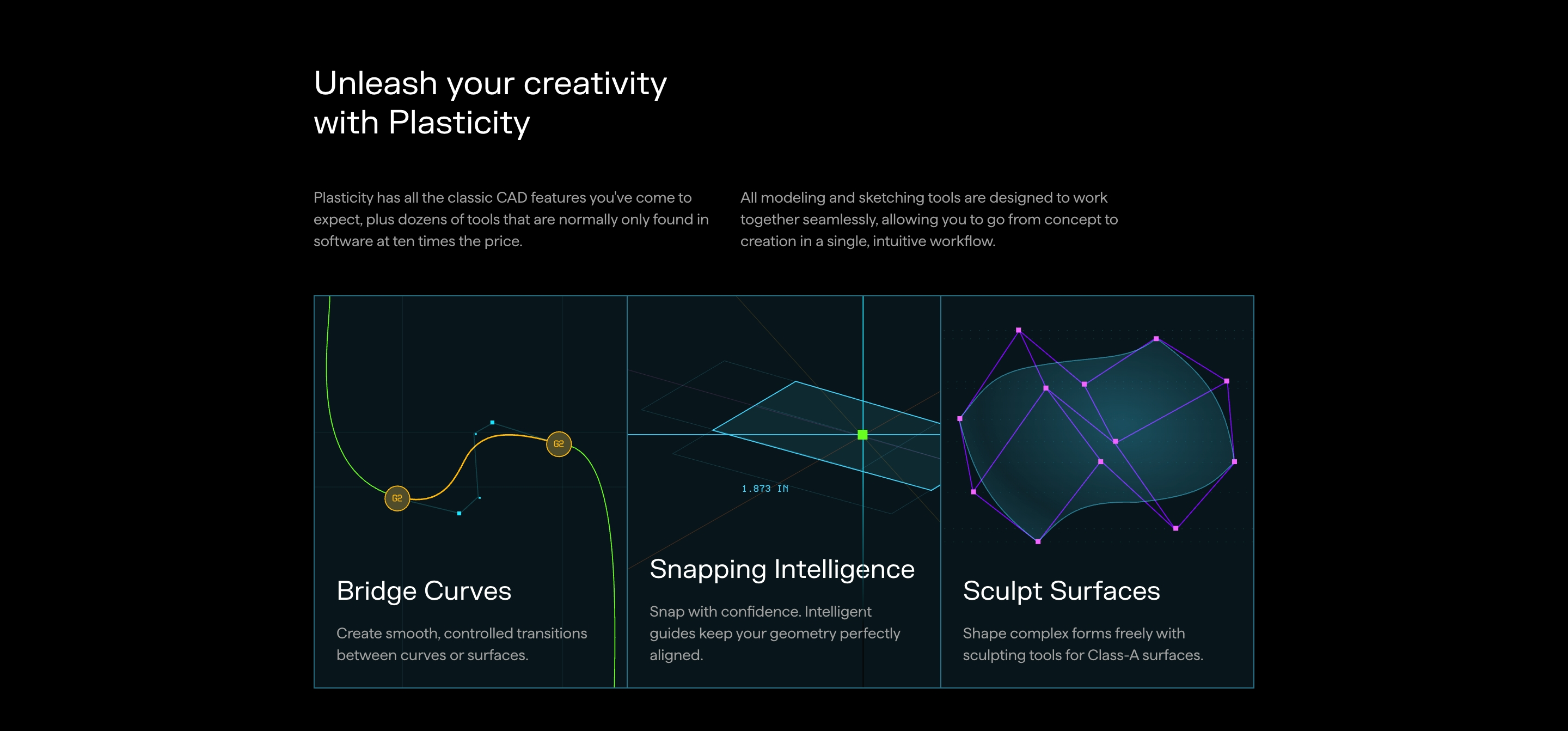 Plasticity capabilities section with headline, two-column copy, and three CAD cards for curves, snapping, and sculpting.