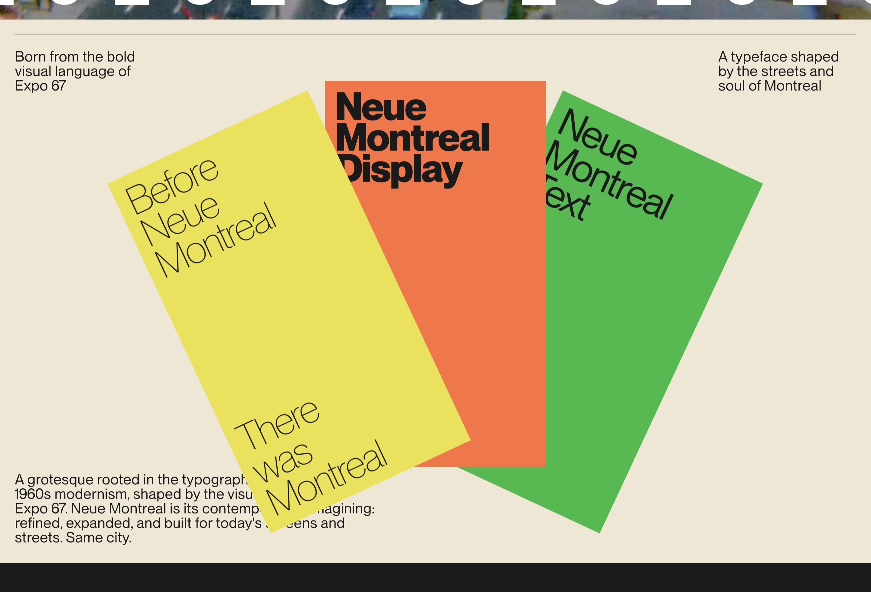 Neue Montreal about section: overlapping yellow, orange, and green posters for Before, Display, and Text styles.