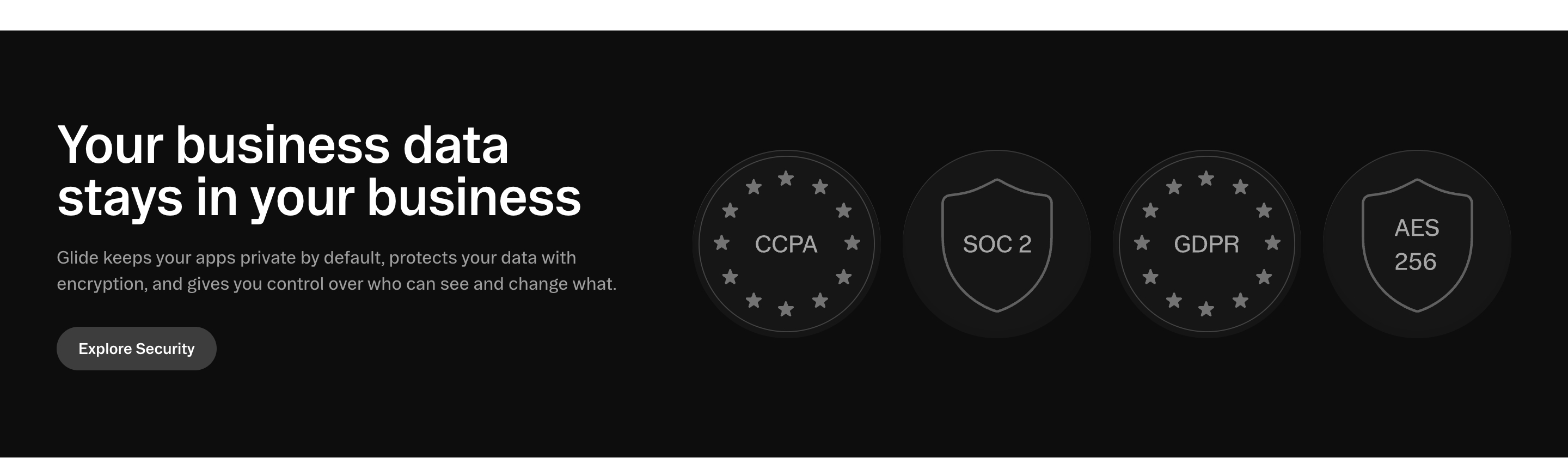 Glide security section on a dark band with a data privacy headline, Explore Security button, and four circular compliance badges.