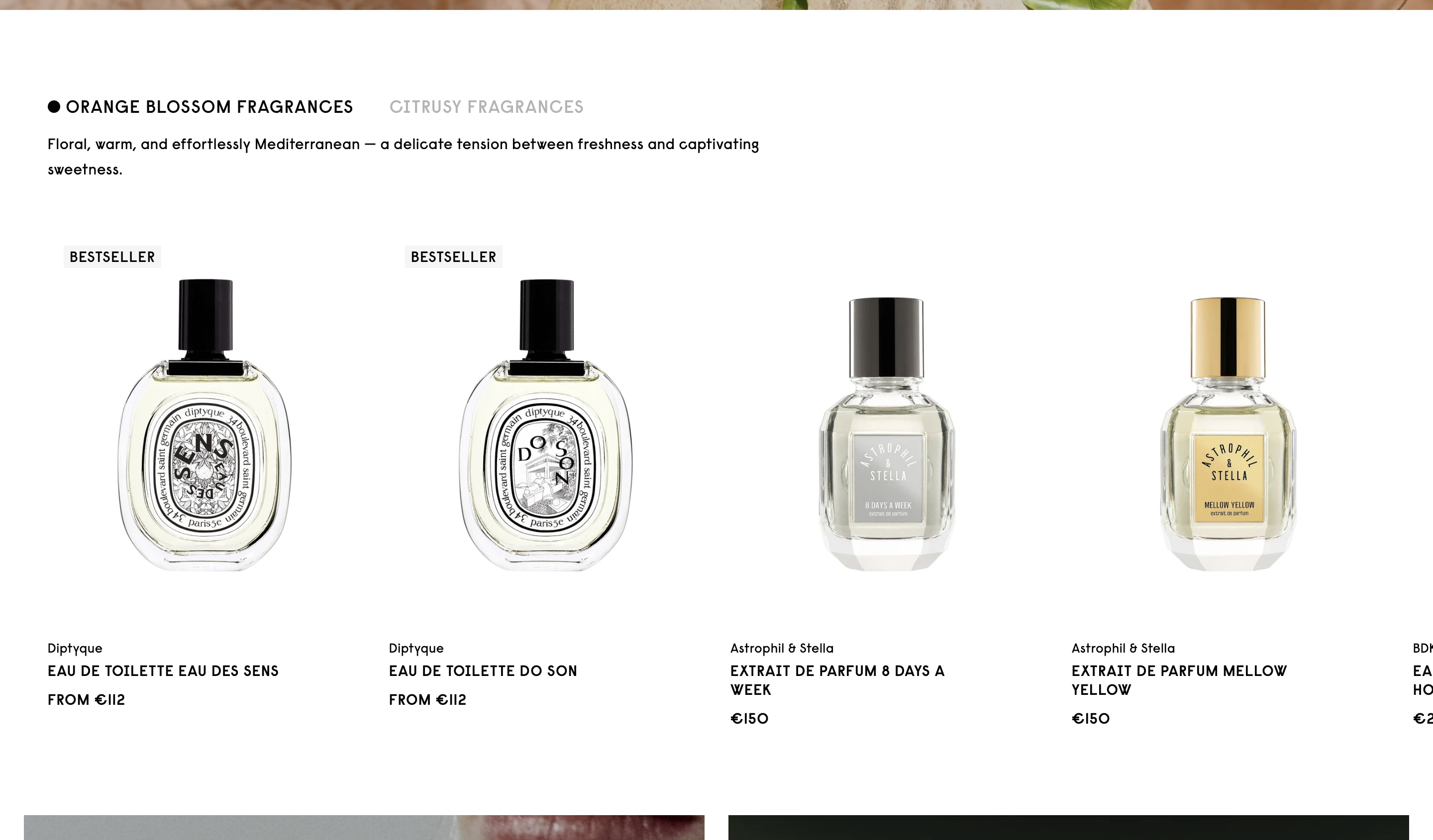 Duft und Kultur product gallery of Diptyque and Astrophil & Stella bottles under Orange Blossom Fragrances.