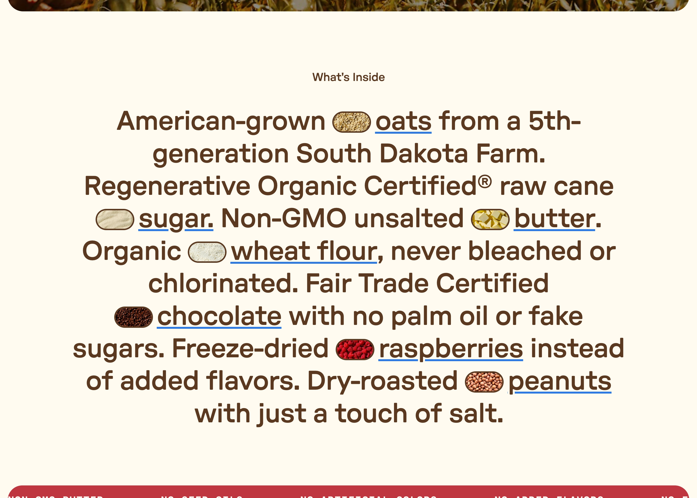 Joy Supply What's Inside section: large centered ingredient copy with inline oval food photos.