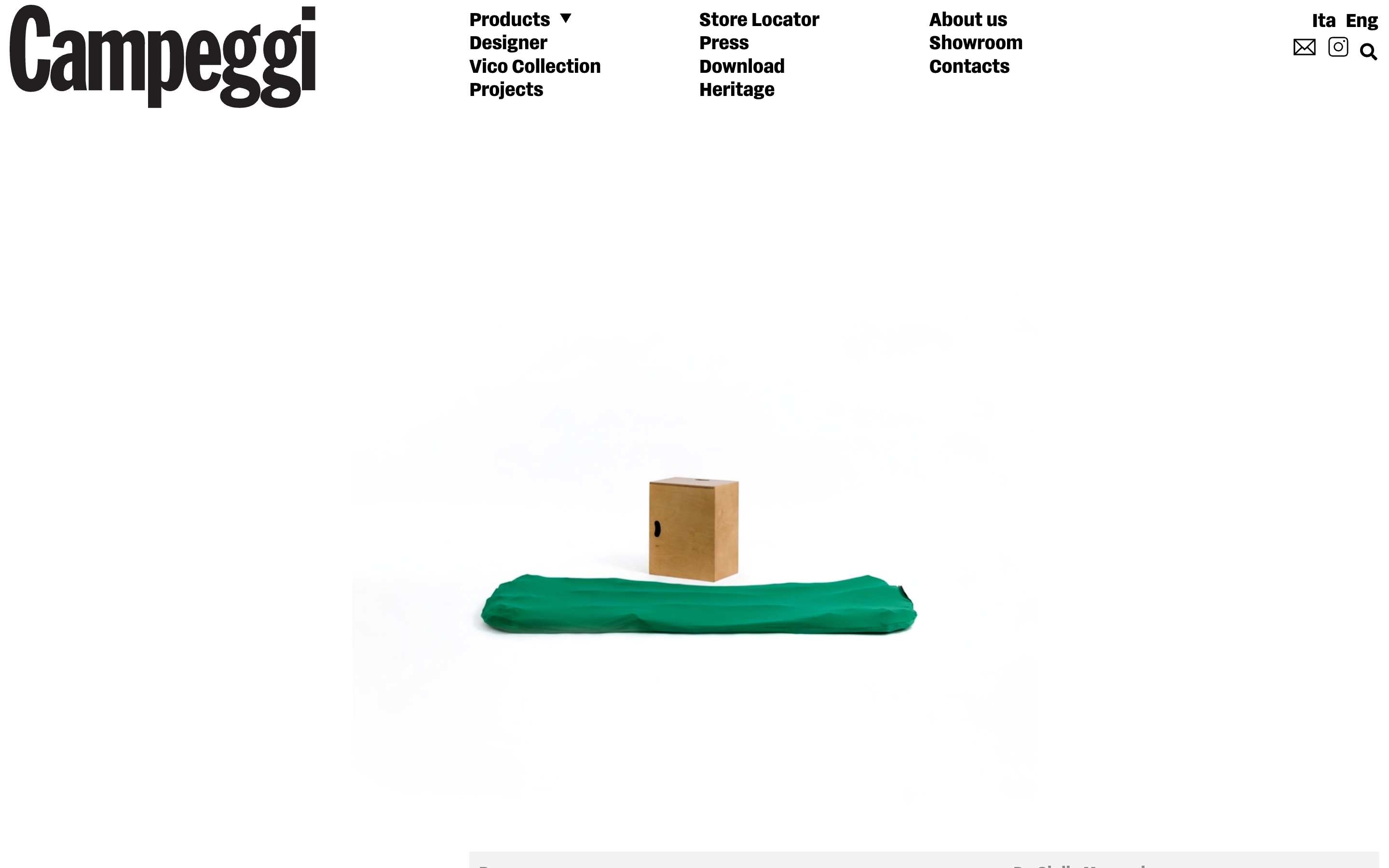 Campeggi Design hero: large Campeggi wordmark, three-column nav, and a wooden box on green fabric.