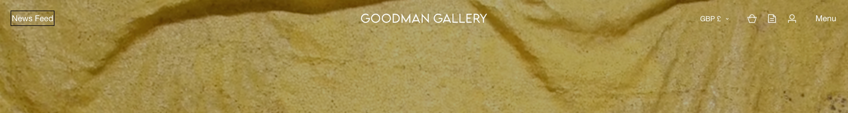 Goodman Gallery header with News Feed, centered wordmark, and utility icons over a sandy photographic texture