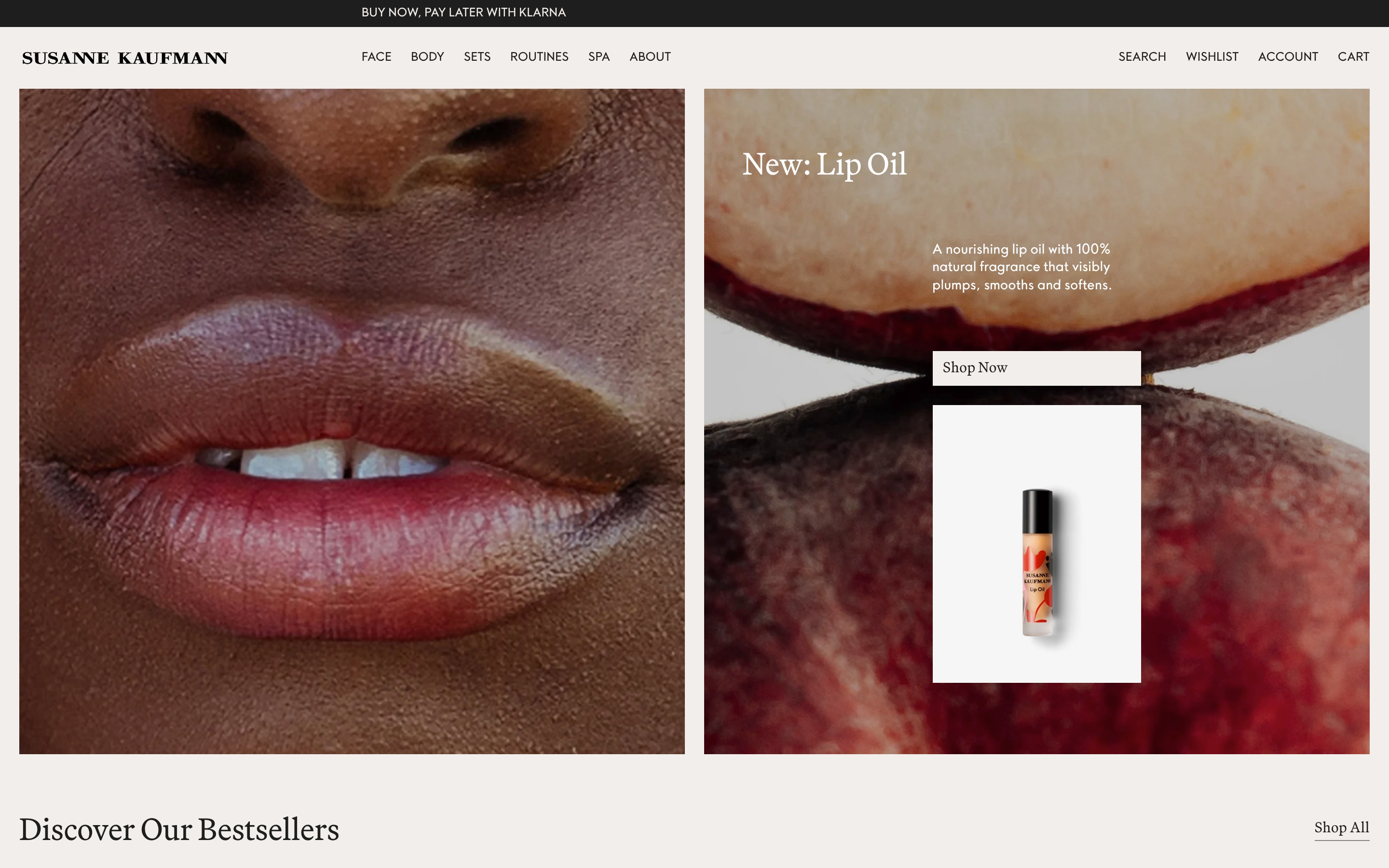 Susanne Kaufmann hero: split close-ups of lips and fruit with Lip Oil headline, copy, Shop Now and bottle.