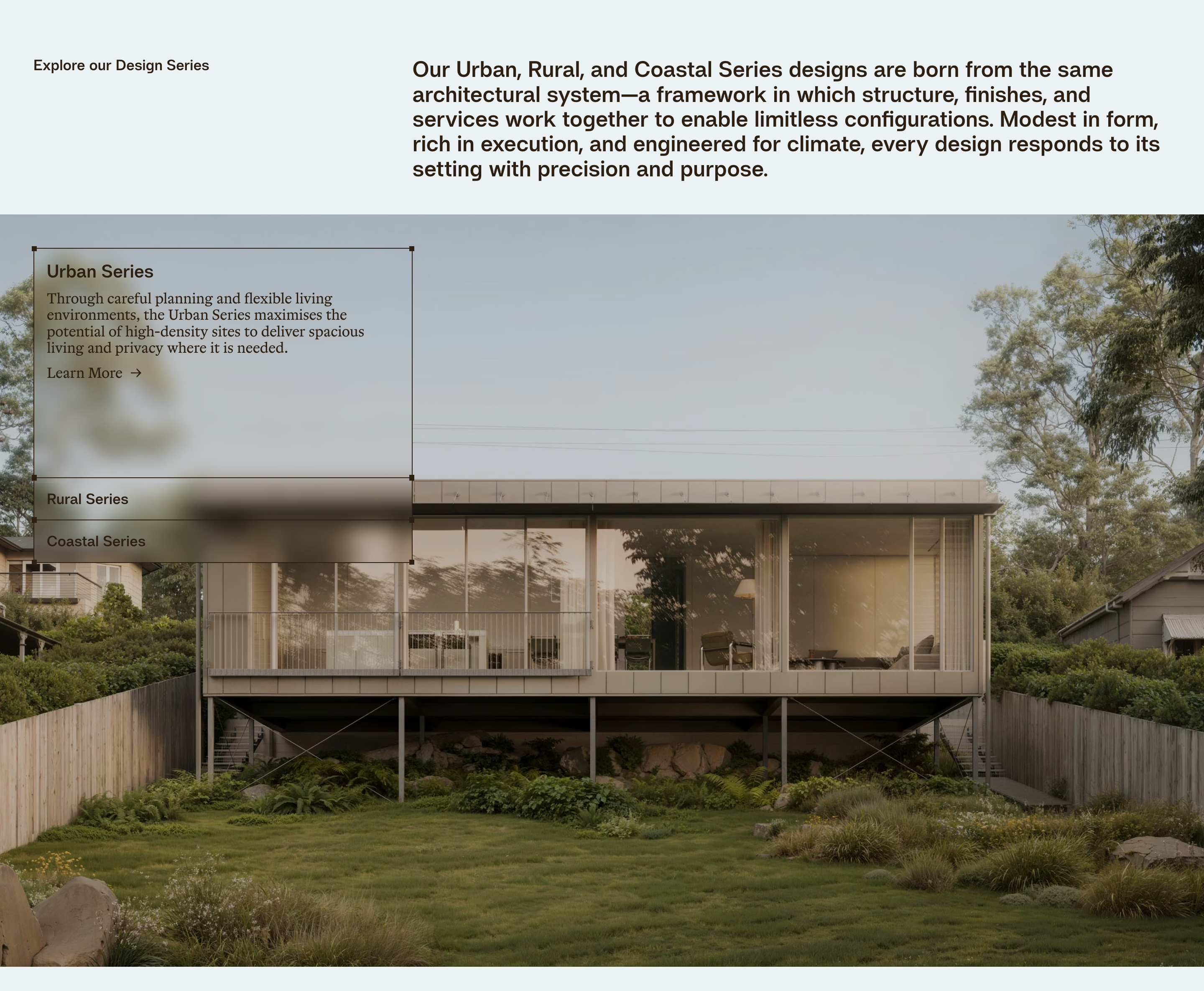 Tekt design series section: intro copy above a glazed elevated house photo with Urban, Rural, and Coastal overlays.