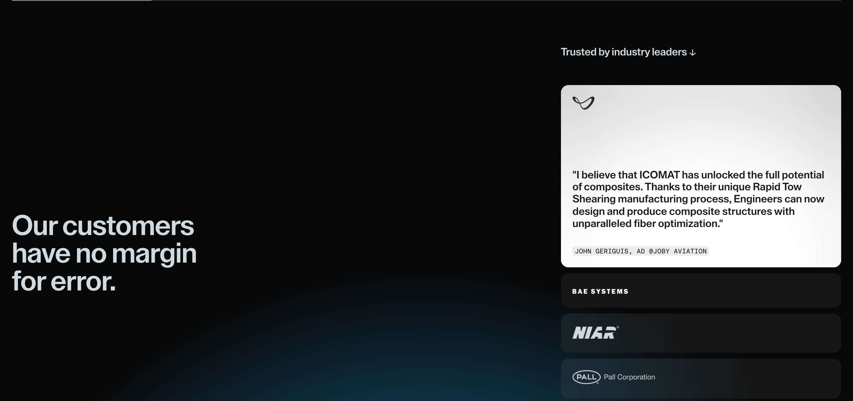 Icomat testimonials: left headline, right Joby Aviation quote card, and BAE Systems, NIAR, Pall logos on dark.