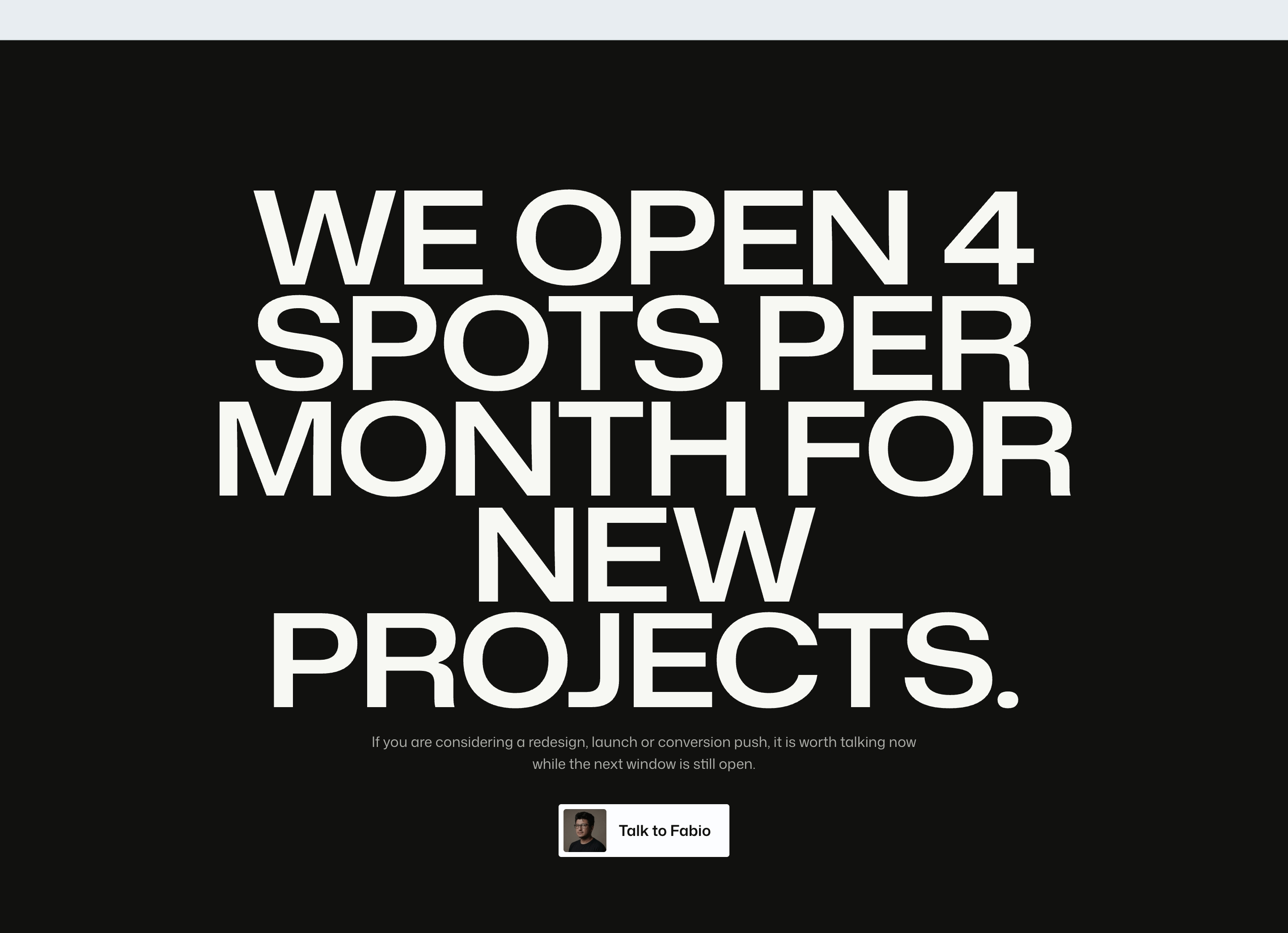 Zentto call-to-action with oversized headline about four monthly project spots and a Talk to Fabio button.