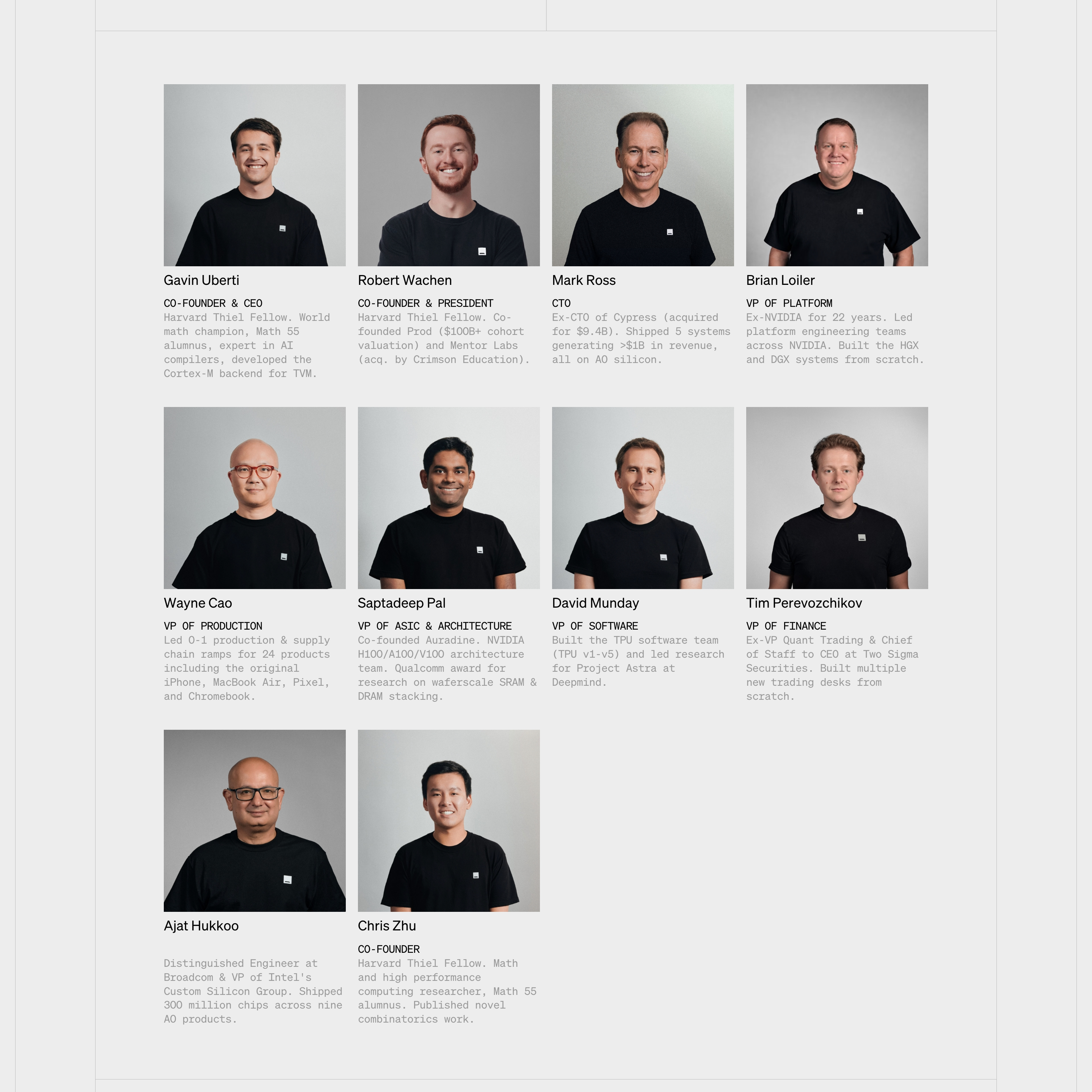 Etched leadership team section with a four-column grid of studio portraits, names, titles, and short bios.