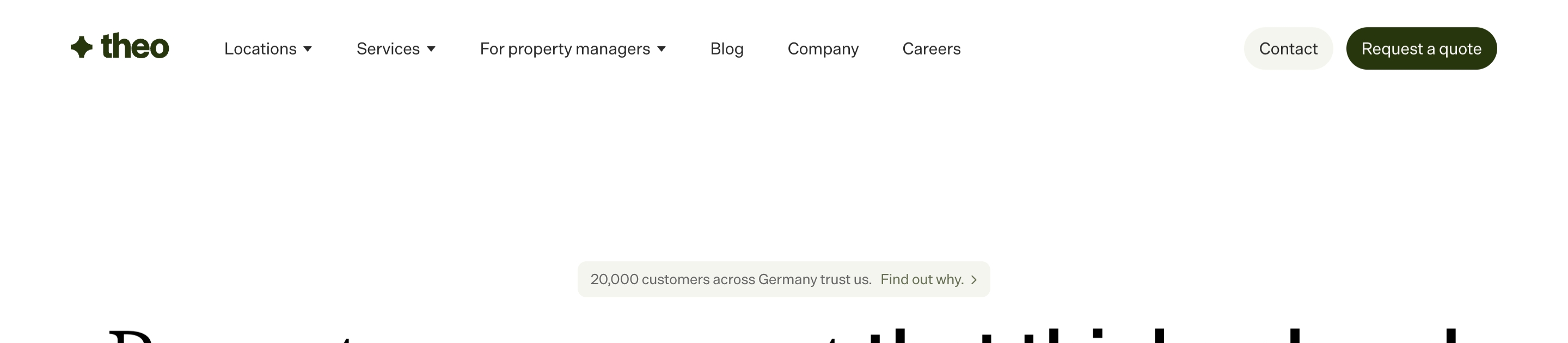 Theo navigation header with green wordmark, menu links with dropdowns, and Contact plus Request a quote pills on white.