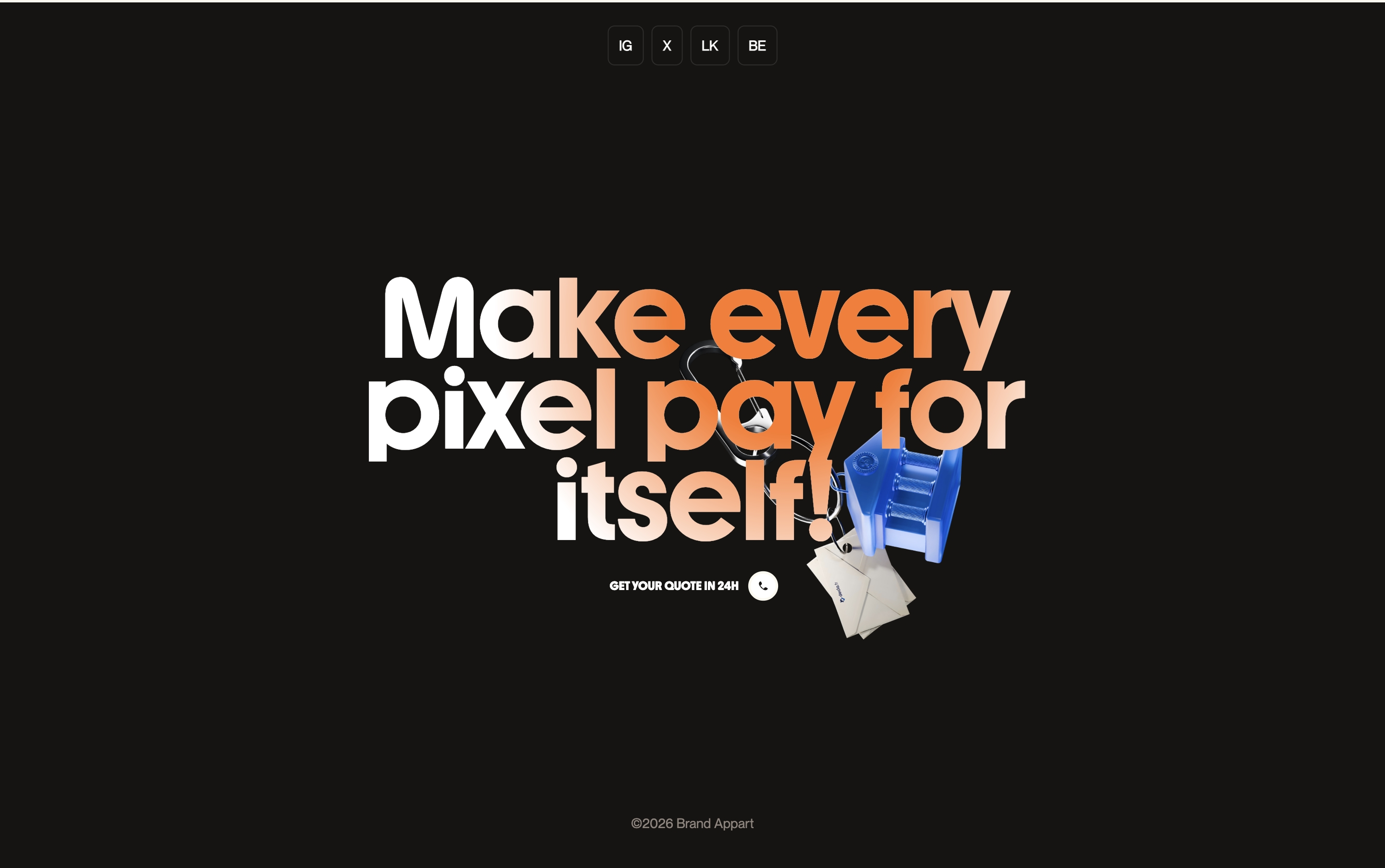 Brand Appart footer: social pills, large slogan, 24h quote CTA, 3D house graphic, and copyright.