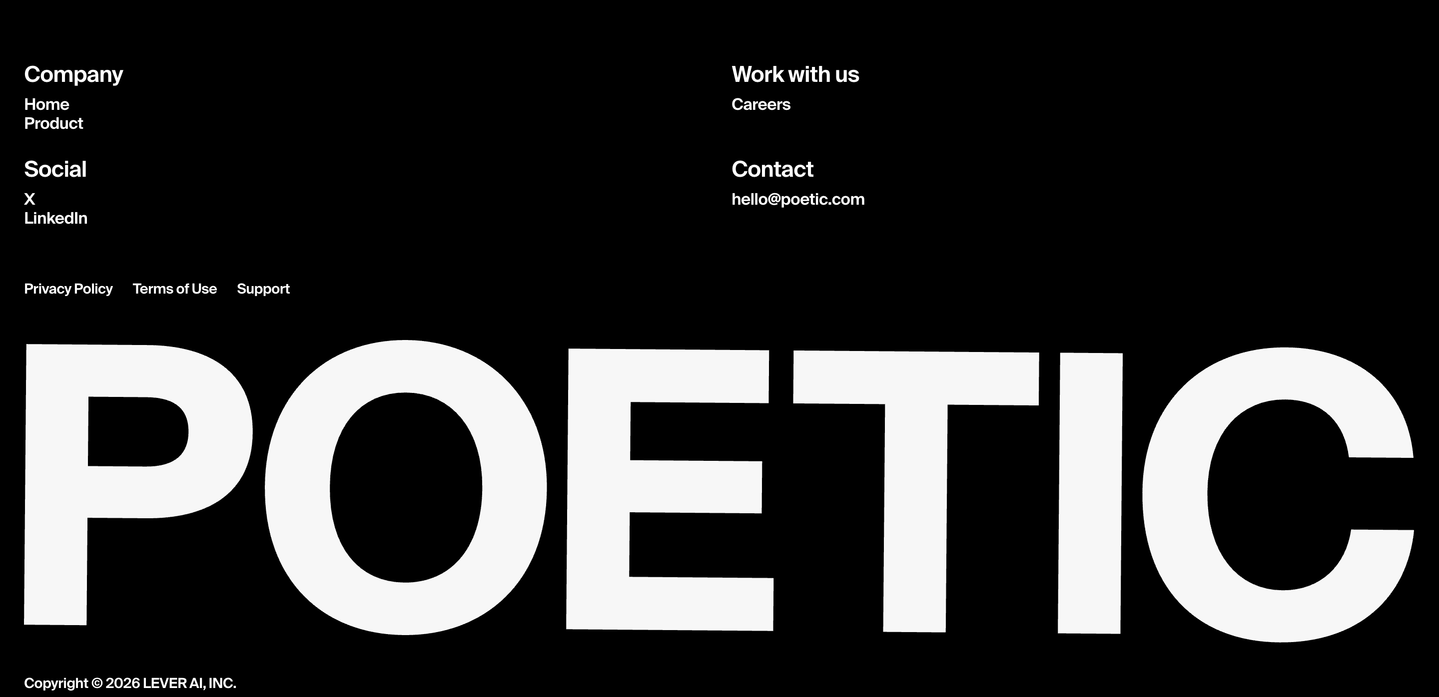 Poetic footer on black: company, careers, social, and contact links above a huge white POETIC wordmark.