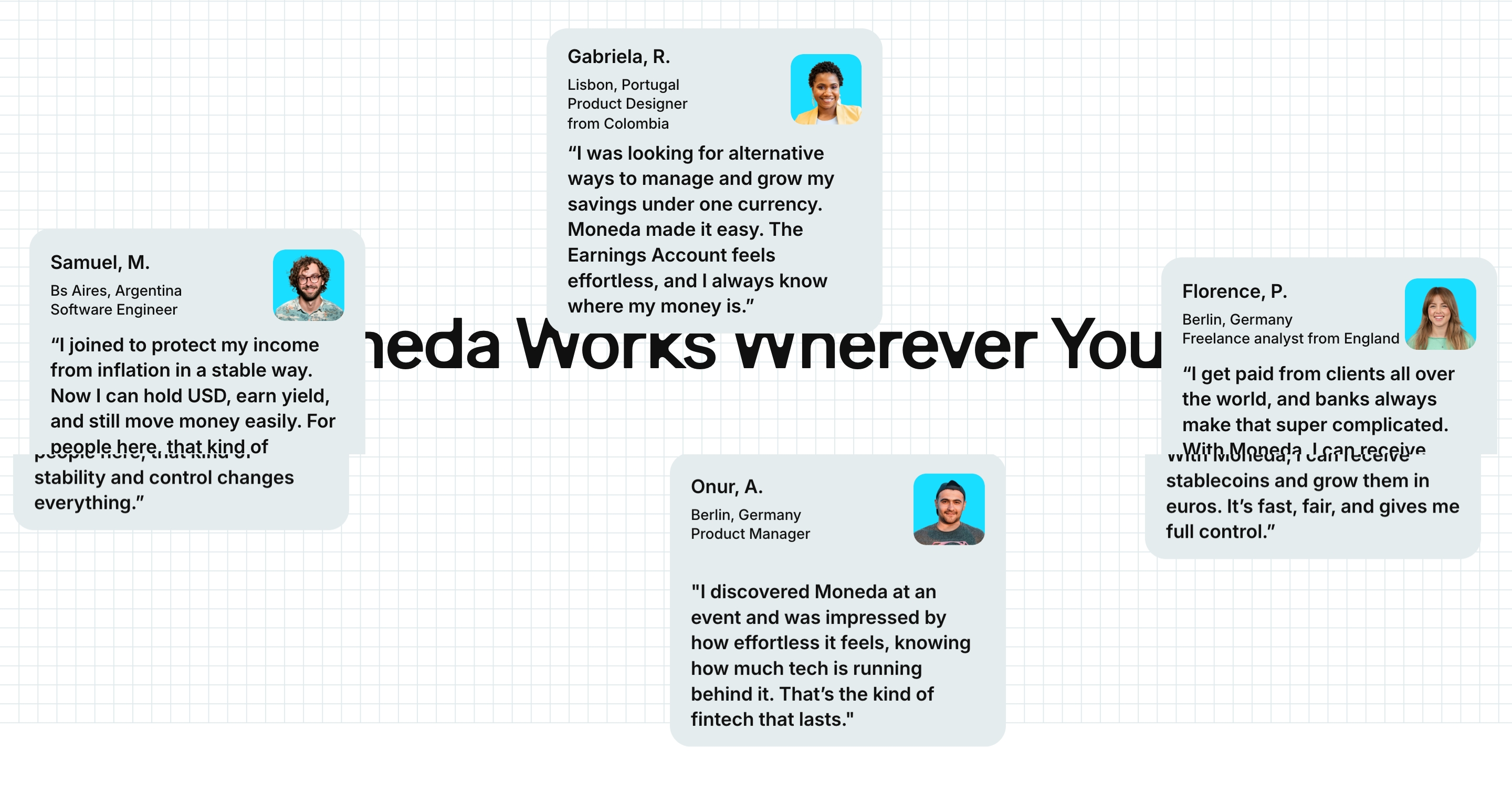 Moneda testimonials: four quote cards with cyan portraits overlapping a large headline on graph paper.