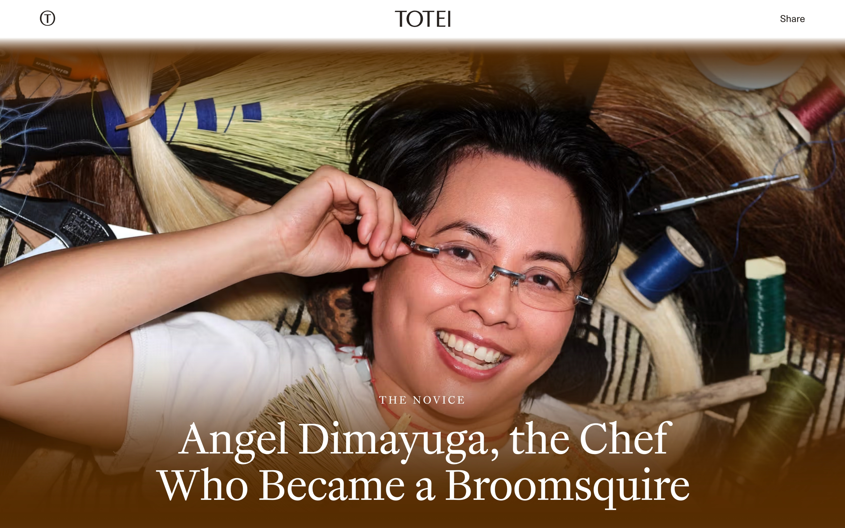 Totei hero with white header, full-bleed photo of Angel Dimayuga among broom materials, and The Novice headline.