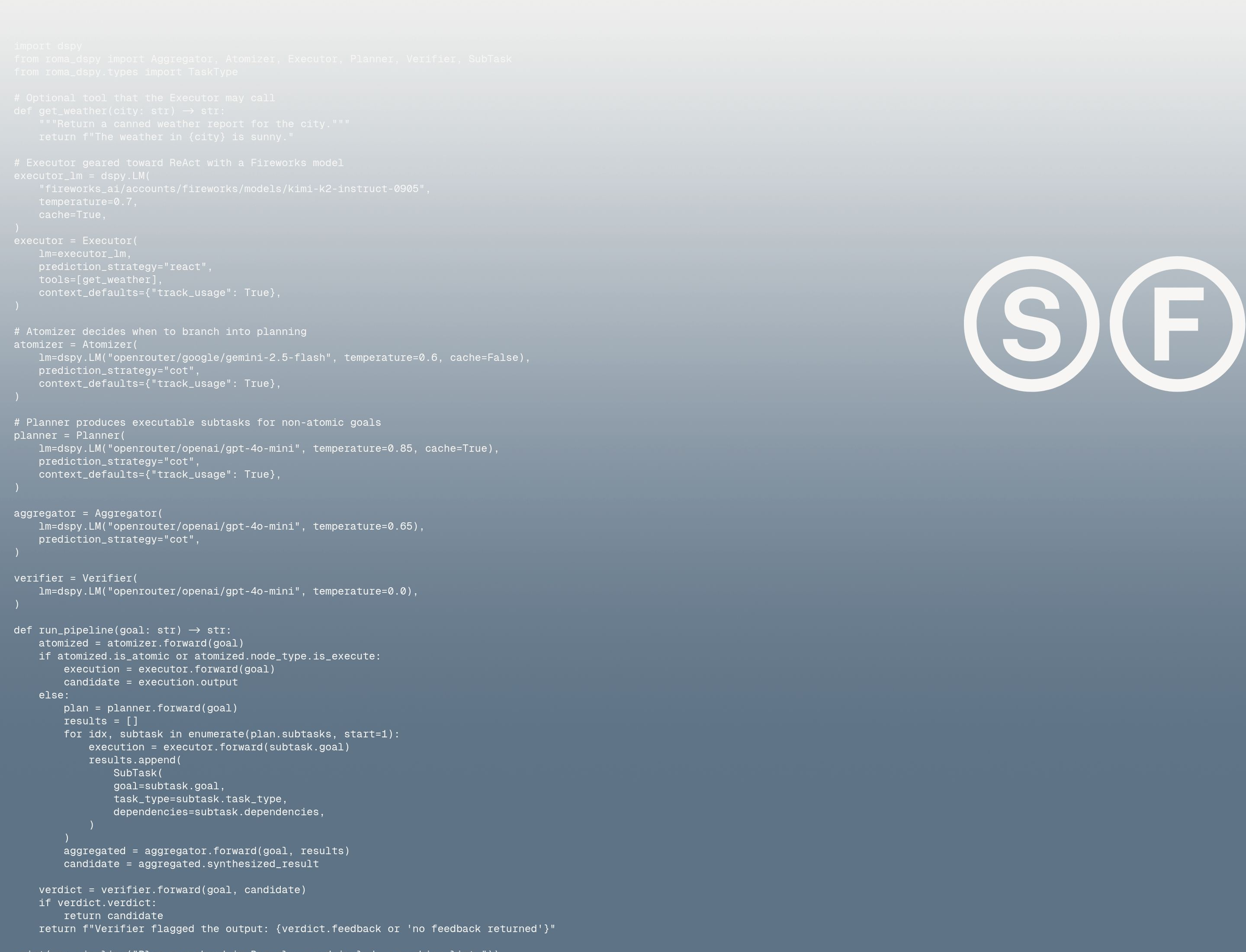 Sentient Foundation technical showcase: Python code on a gray-blue gradient with large circular S and F logos.