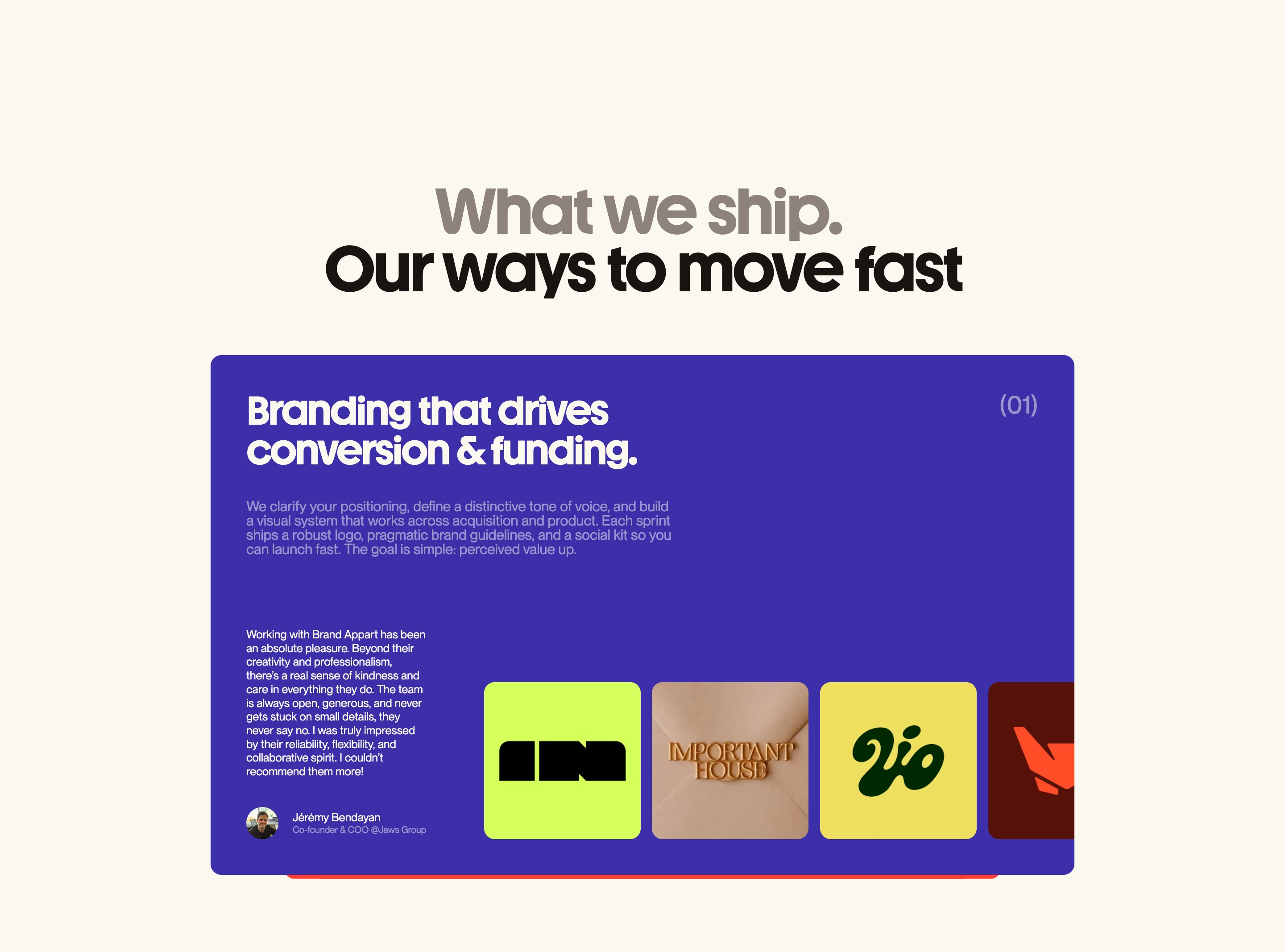 Brand Appart service highlights with a What we ship headline and purple branding card, quote, and four logo tiles.