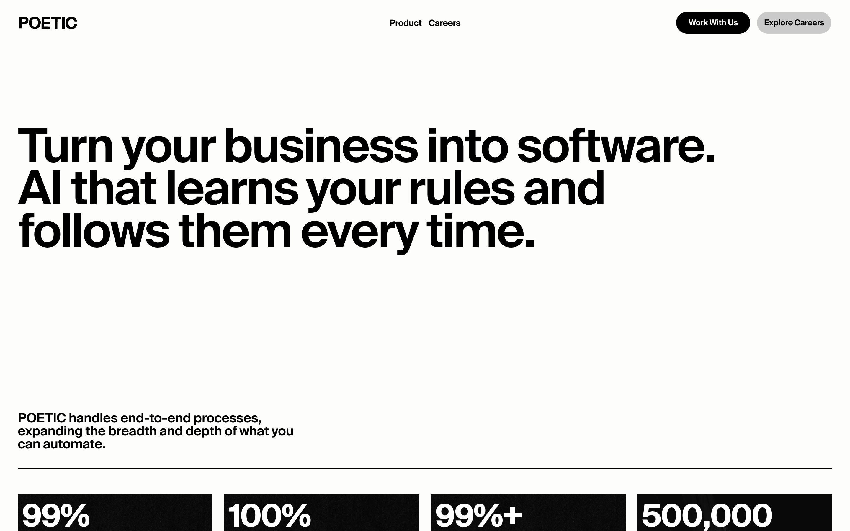 Poetic hero with nav, large headline about turning business into software, supporting copy, and four black metric bars.