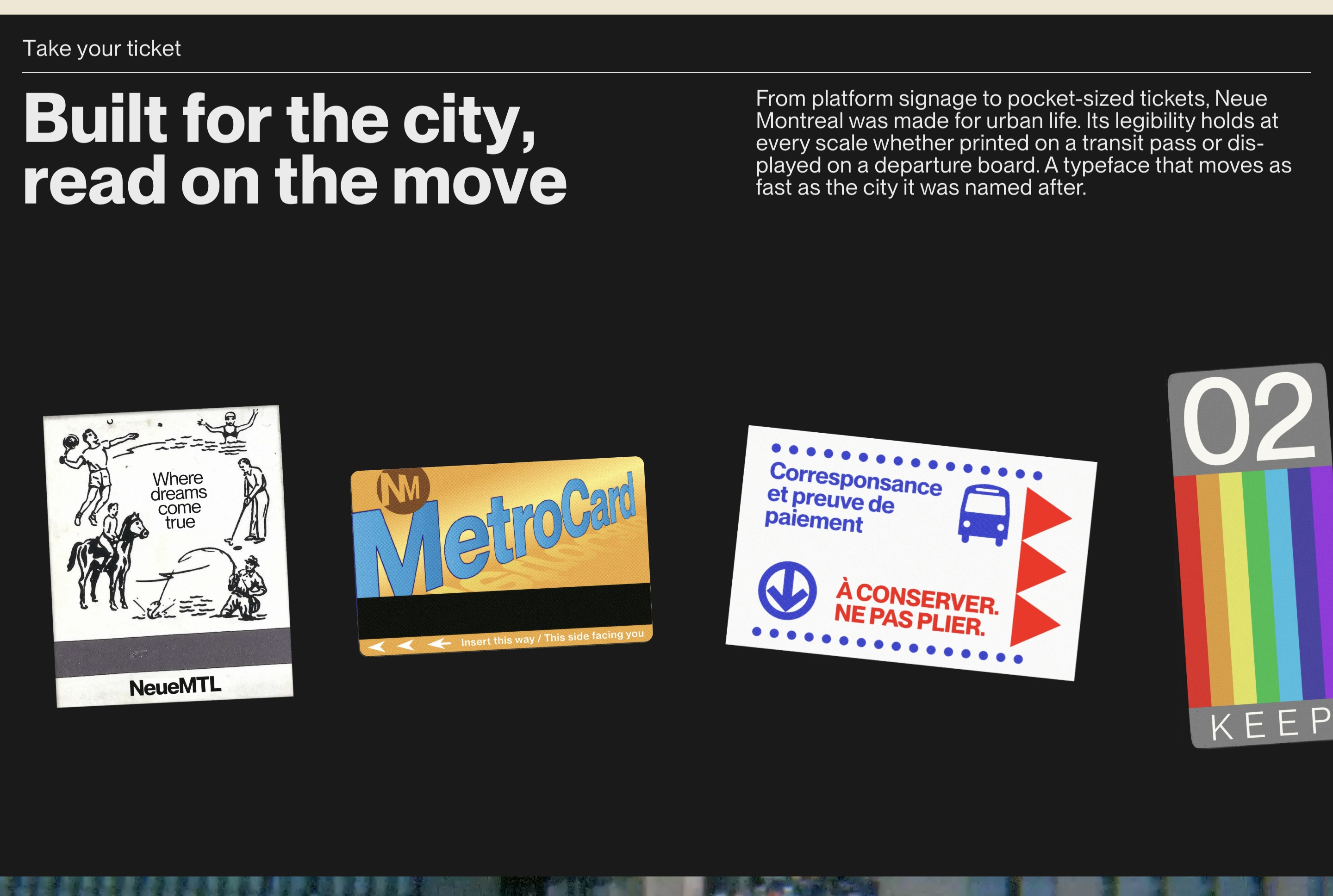 Neue Montreal usage gallery with two-column headline and four transit tickets on a black background