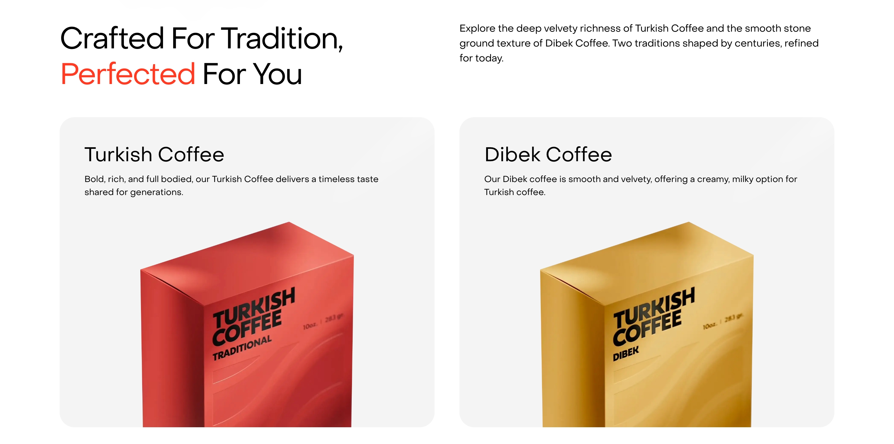 Saki feature section with two coffee variety cards showing red Traditional and gold Dibek boxes