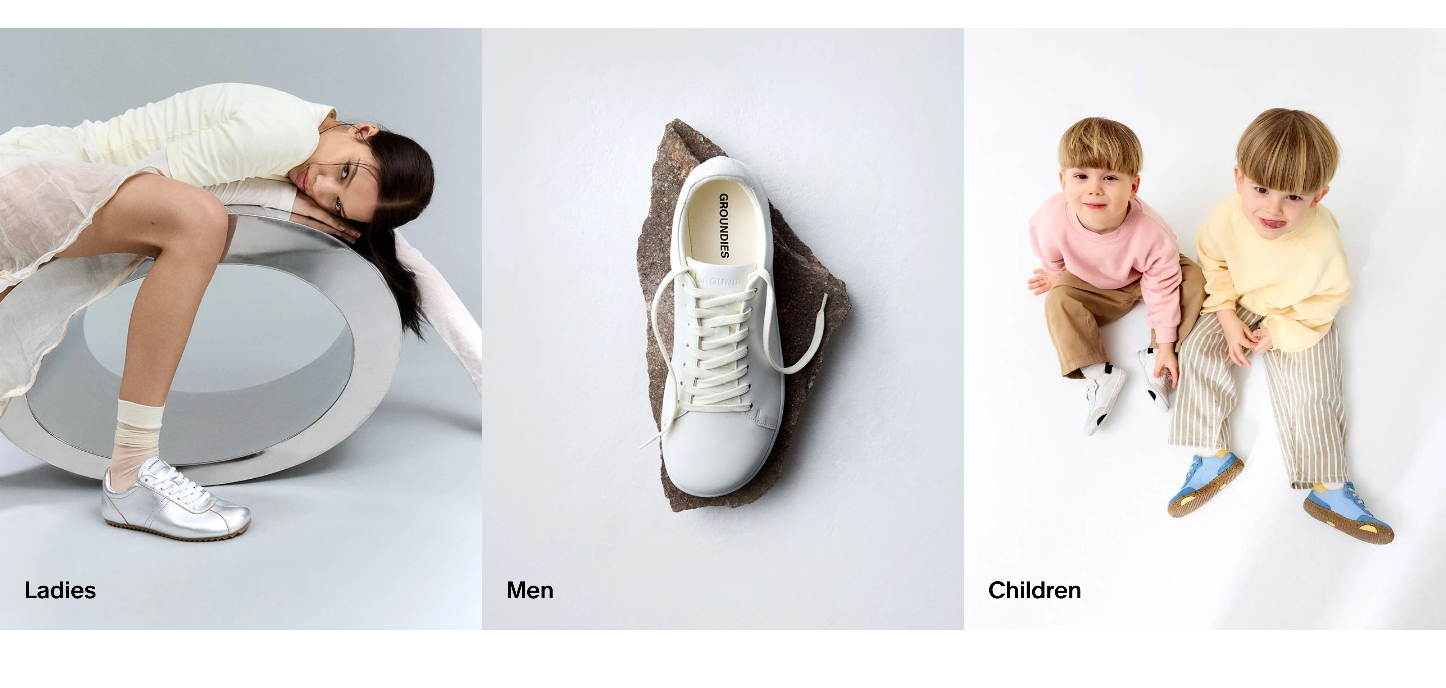 Groundies category grid: three photos labeled Ladies, Men, and Children of a woman, a white sneaker, and two kids.