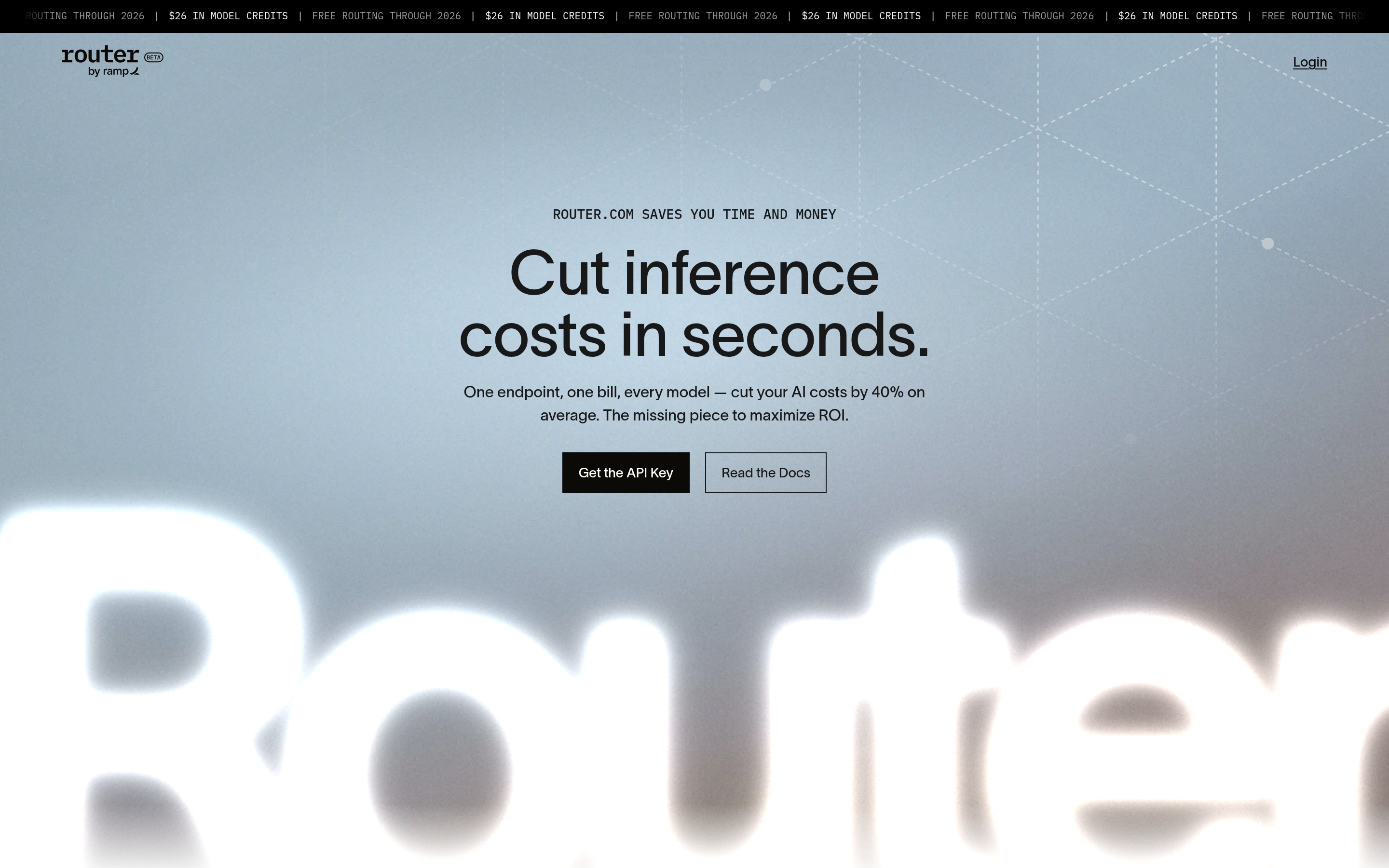 Router by Ramp hero with centered cost-savings headline, dual CTAs, geometric mesh, and oversized blurred Router wordmark