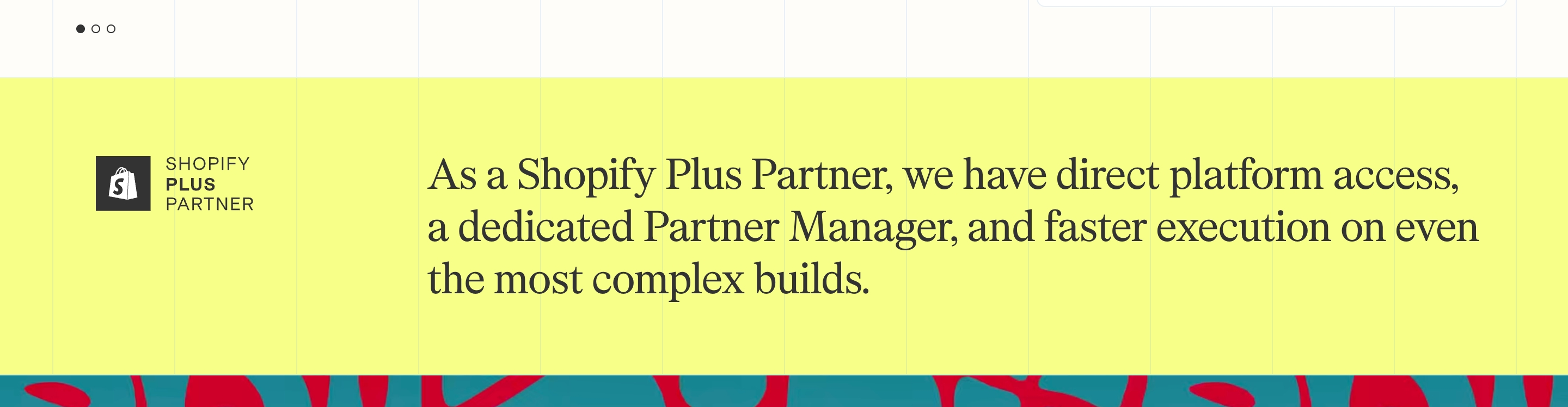 Otherhalf Studio partnership banner: Shopify Plus badge left, large serif claim on yellow, patterned strip below.