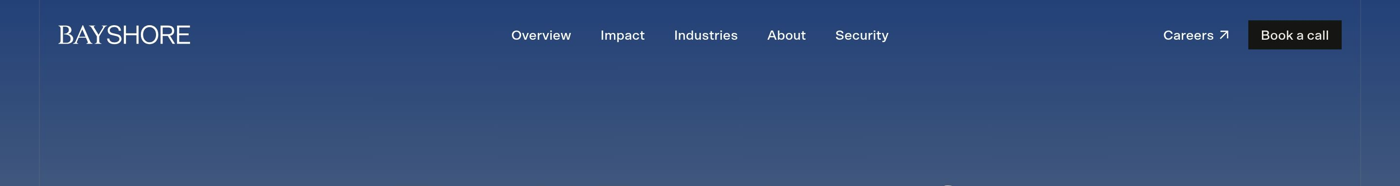 Bayshore navigation header: navy bar with BAYSHORE wordmark, Overview–Security links, Careers, and Book a call.