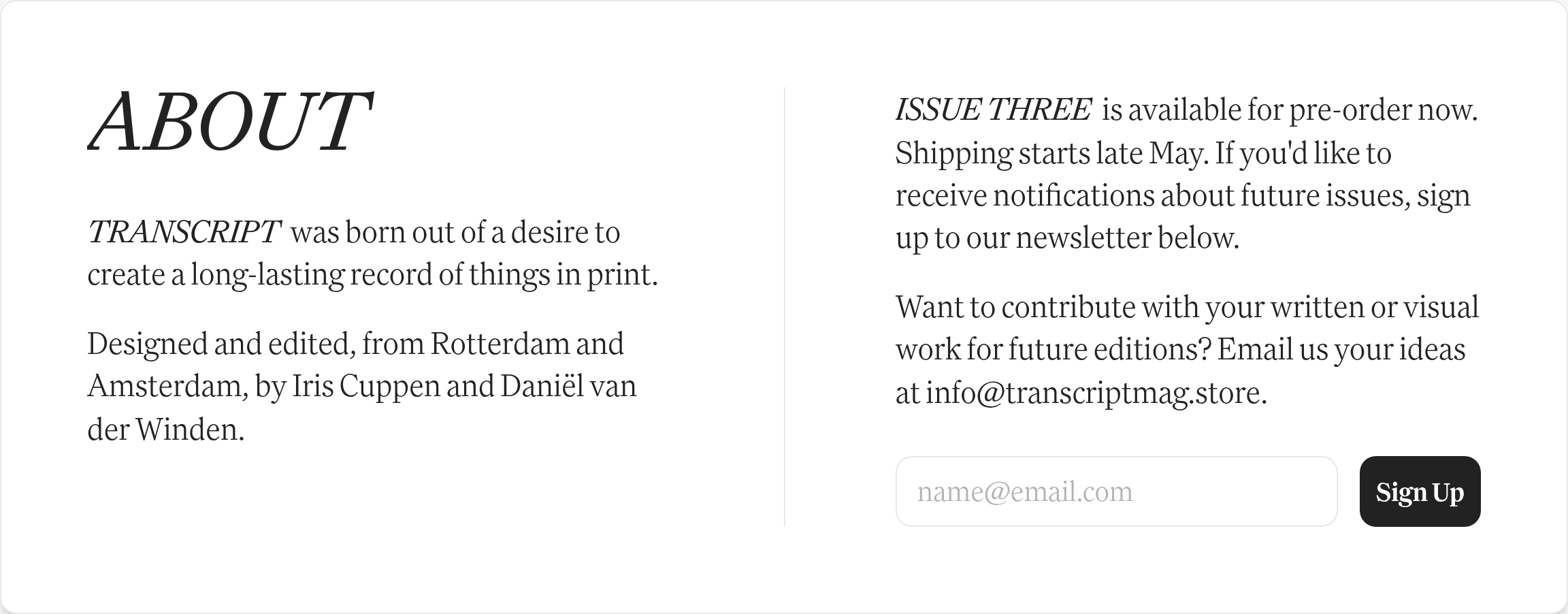 Transcript Magazine About Us design