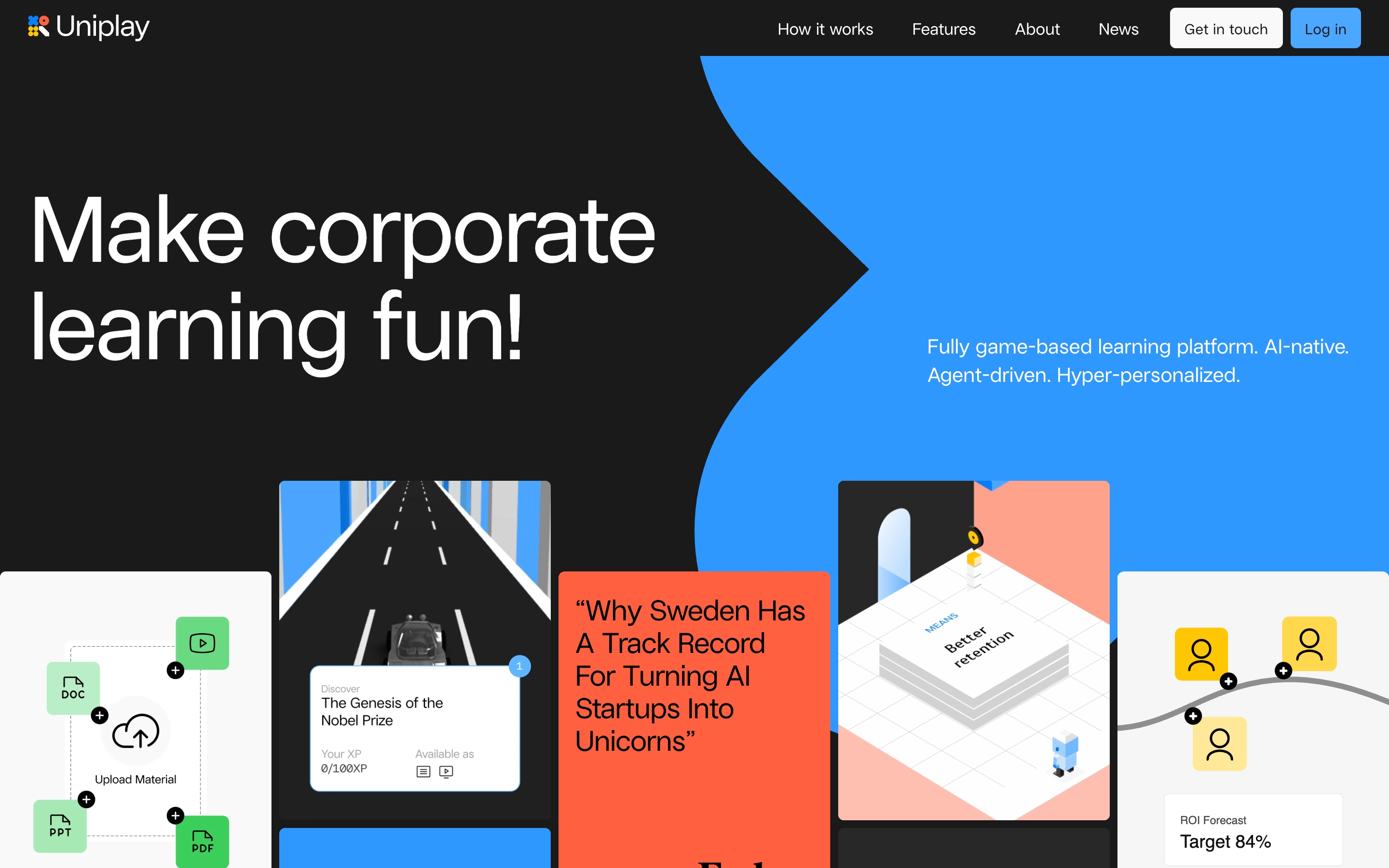 Uniplay hero with black-and-blue split, large headline, supporting copy, and overlapping product cards