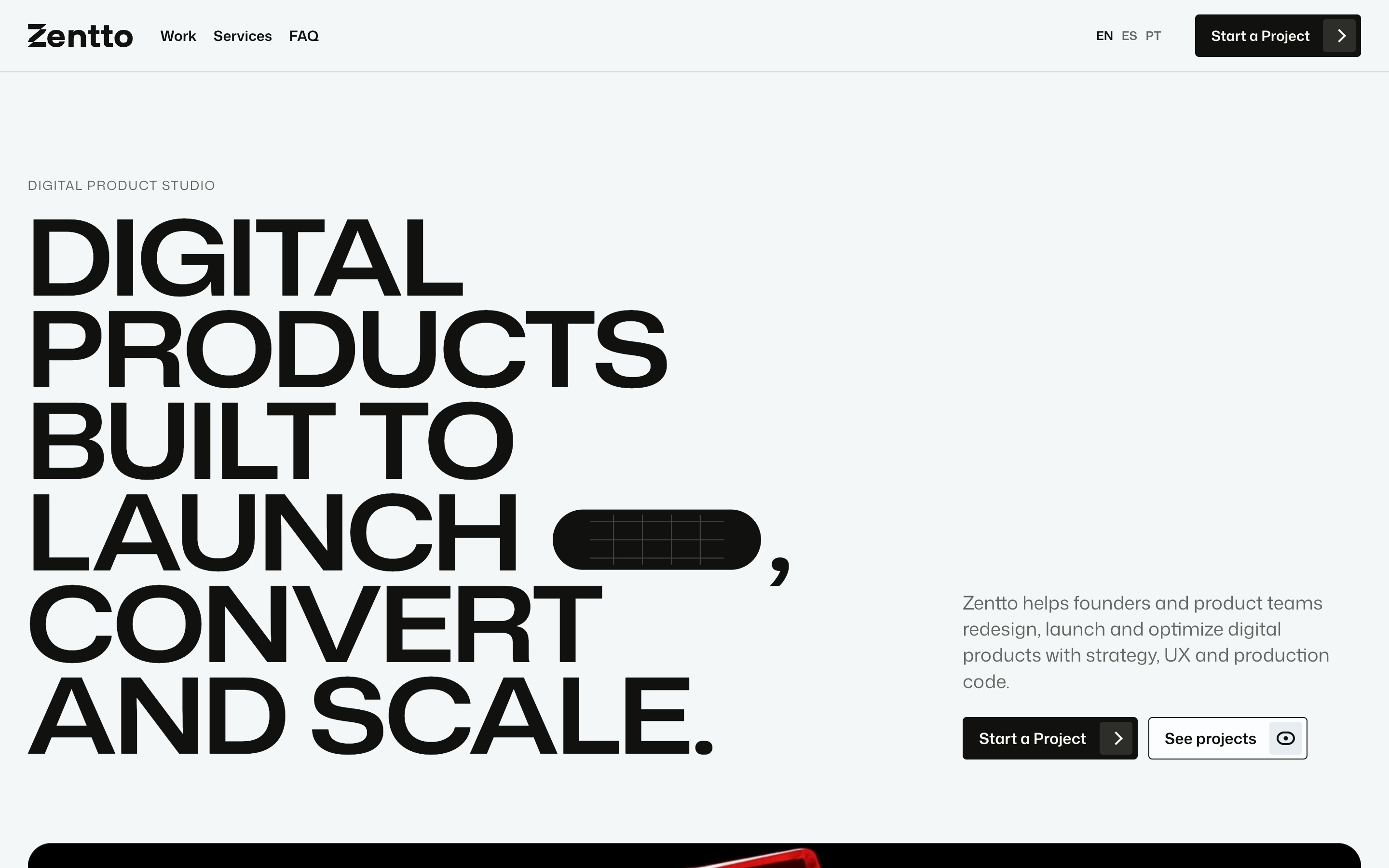 Zentto hero with navigation, oversized all-caps product headline, right-side copy, and two call-to-action buttons.