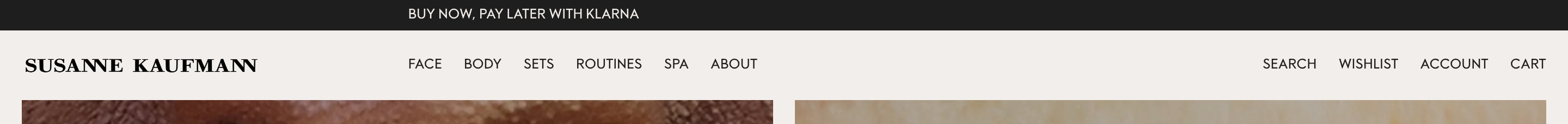 Susanne Kaufmann header: black Klarna announcement bar over cream logo, category nav, and utility links
