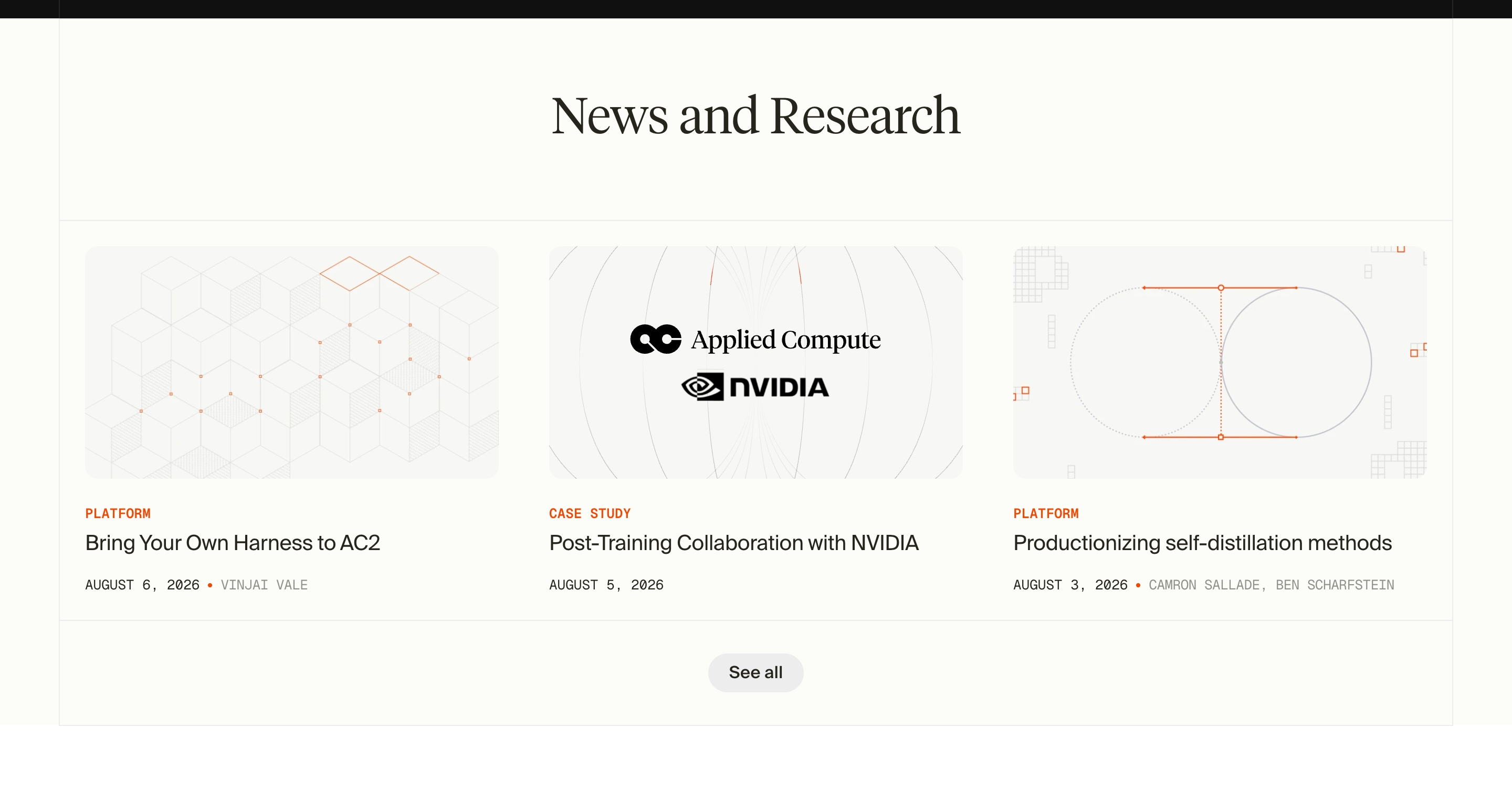 Applied Compute News and Research: three cards with line diagrams, orange labels, titles, dates, and See all