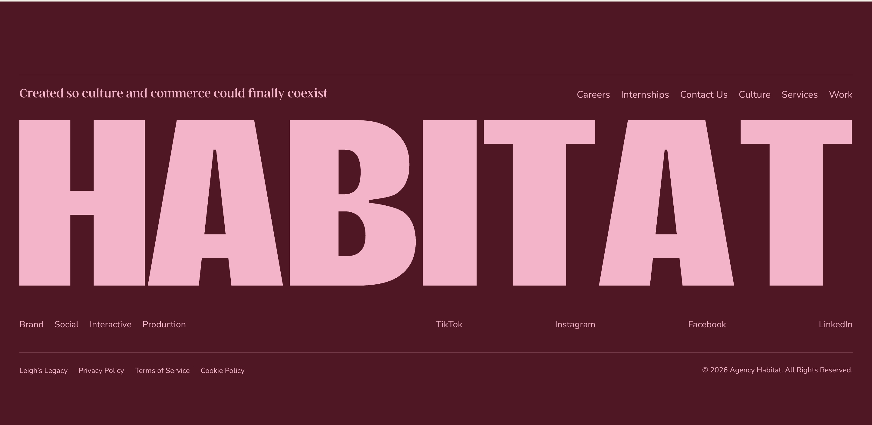 Agency Habitat footer on burgundy with pink HABITAT wordmark, nav, services, social, and legal links