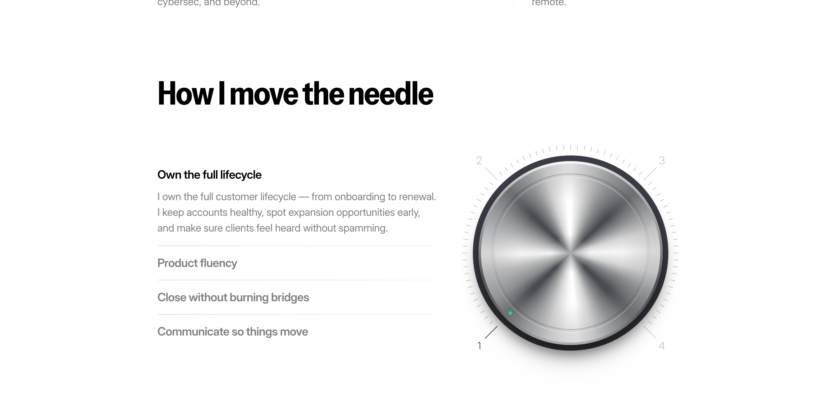 Artem Astakhov methodology section with How I move the needle heading, four skill titles, and a metallic numbered dial.