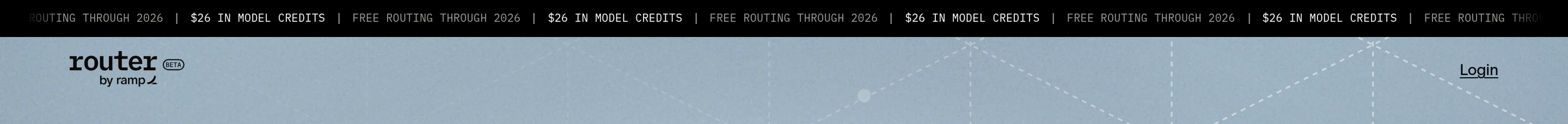 Router by Ramp header: black credits ticker above pale blue bar with logo, BETA badge, and Login