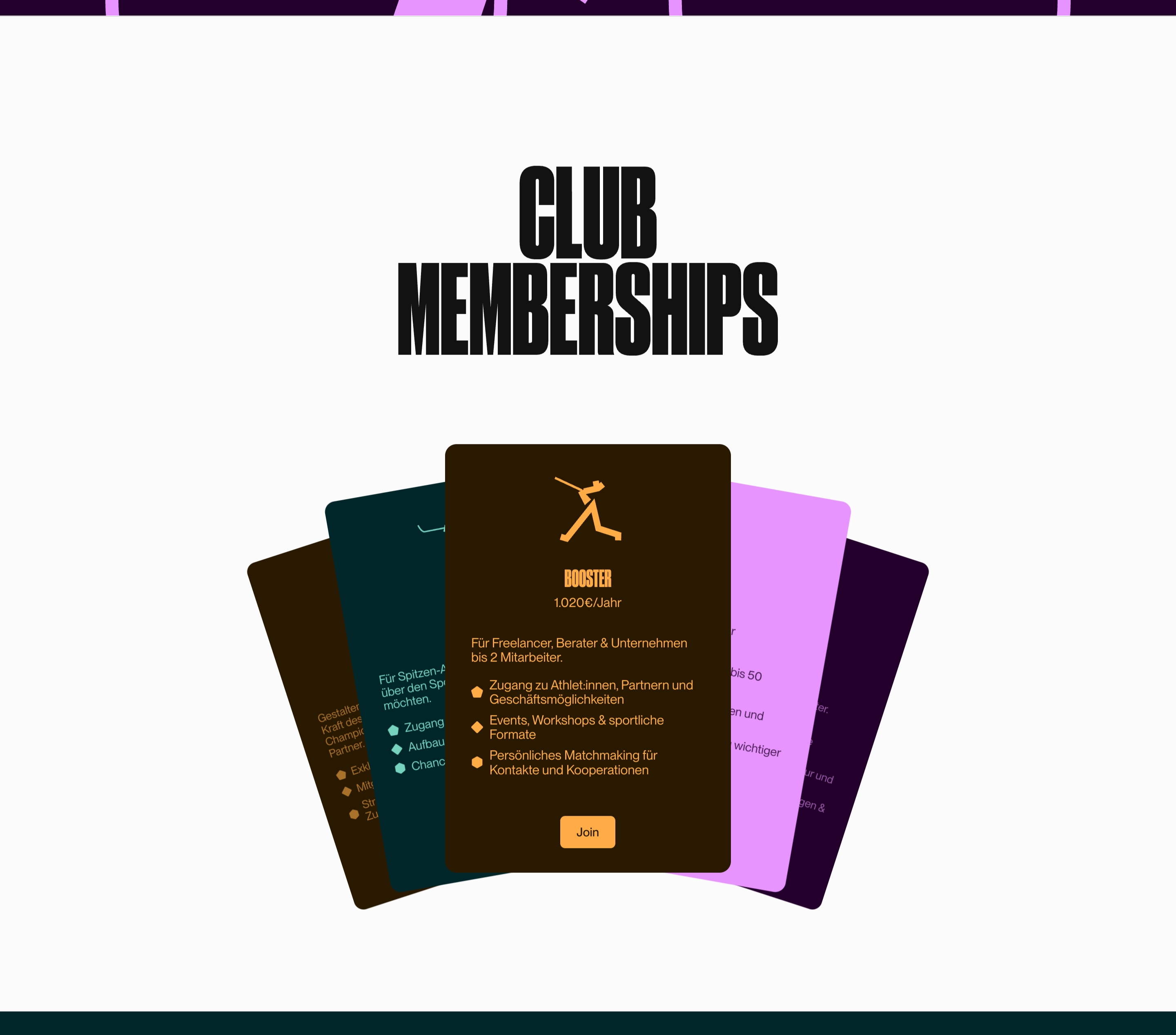Champions for Good Club memberships with oversized title and fanned colorful cards featuring the Booster plan.