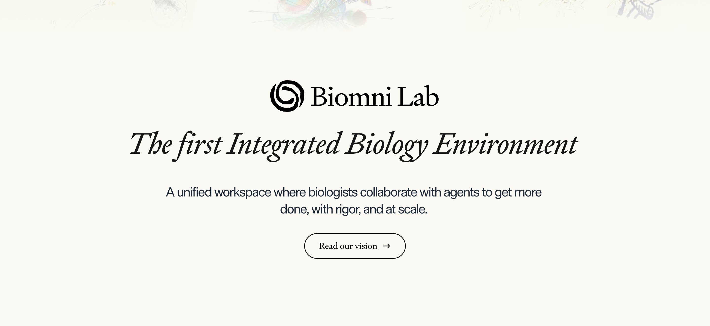 Phylo Biomni Lab intro: cream centered stack with logo, italic serif headline, copy, and Read our vision button