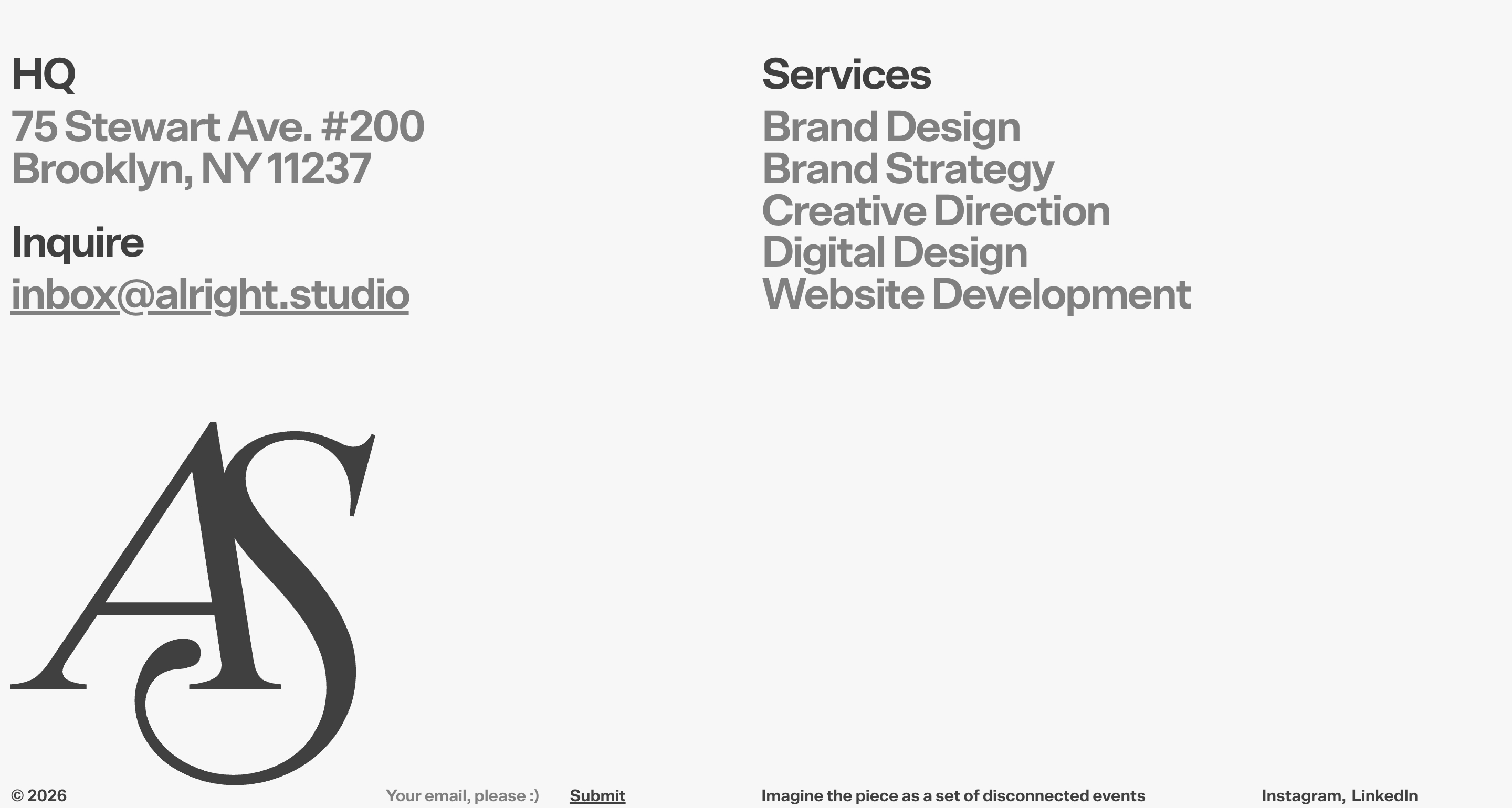 Alright Studio footer showing HQ address, services, oversized AS monogram, email signup, and social links