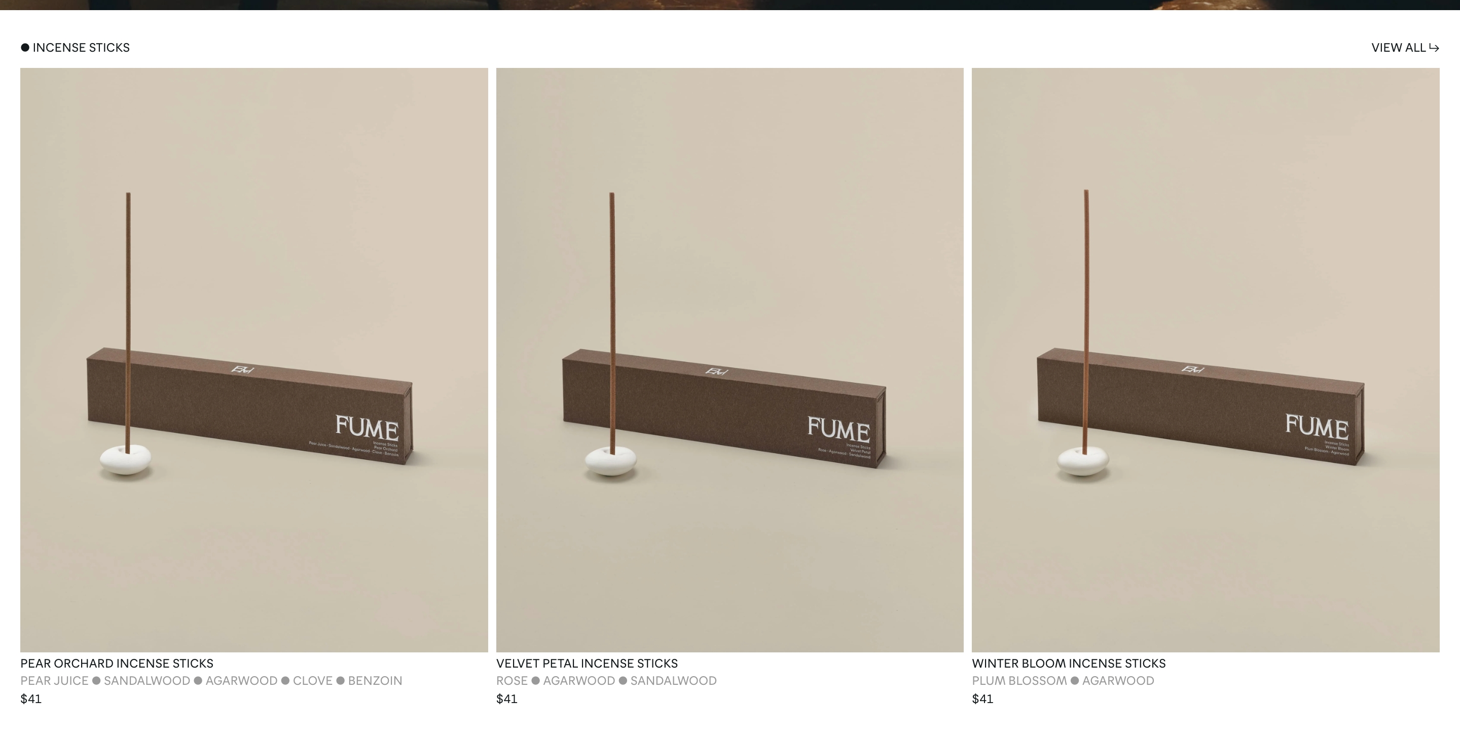 Fume incense sticks gallery with three still-life photos, product names, scent notes, and $41 prices.