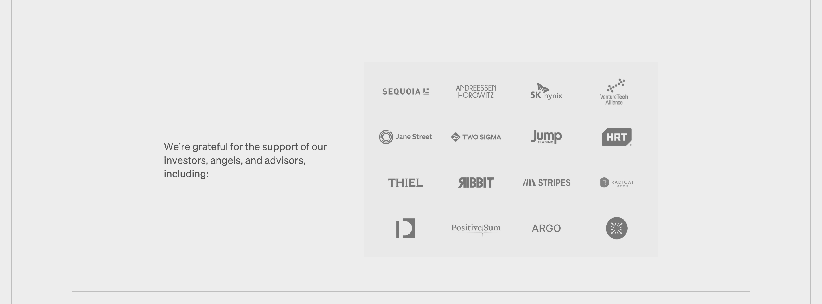Etched investors section with left-aligned thanks copy and a grayscale grid of firm logos